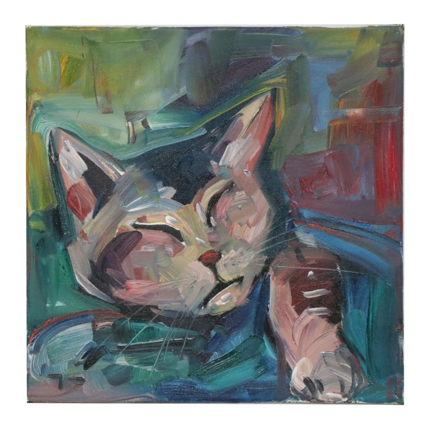 Jose Trujillo Oil Painting "Sleepy Kitty"