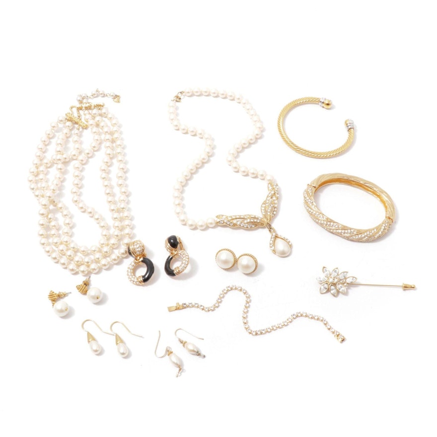 Gold Tone and Imitation Pearl Jewelry Featuring Swarovski and Trifari