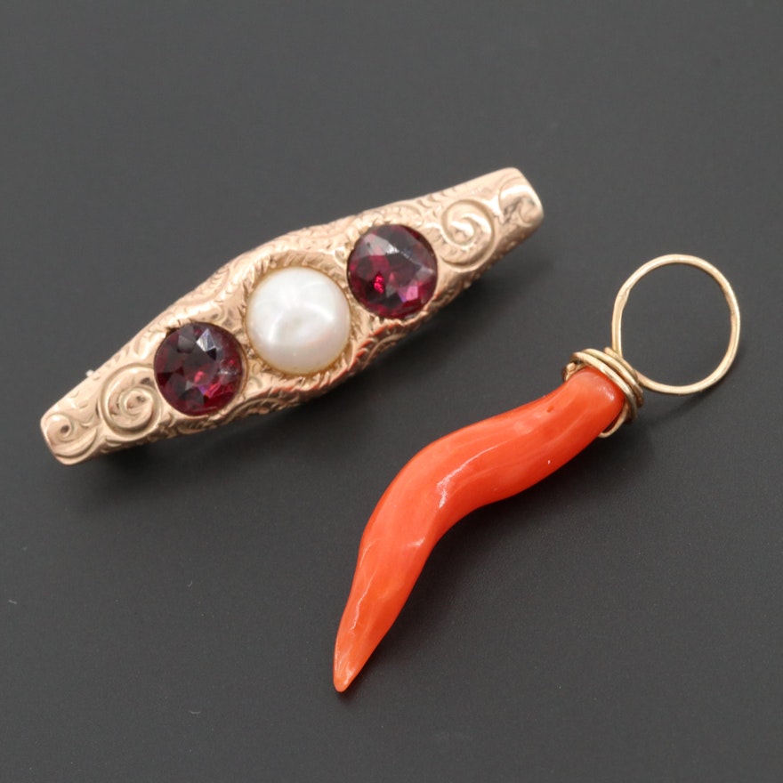 14K Gold Coral Cornicello Pendant With 10K Cultured Pearl and Garnet Brooch