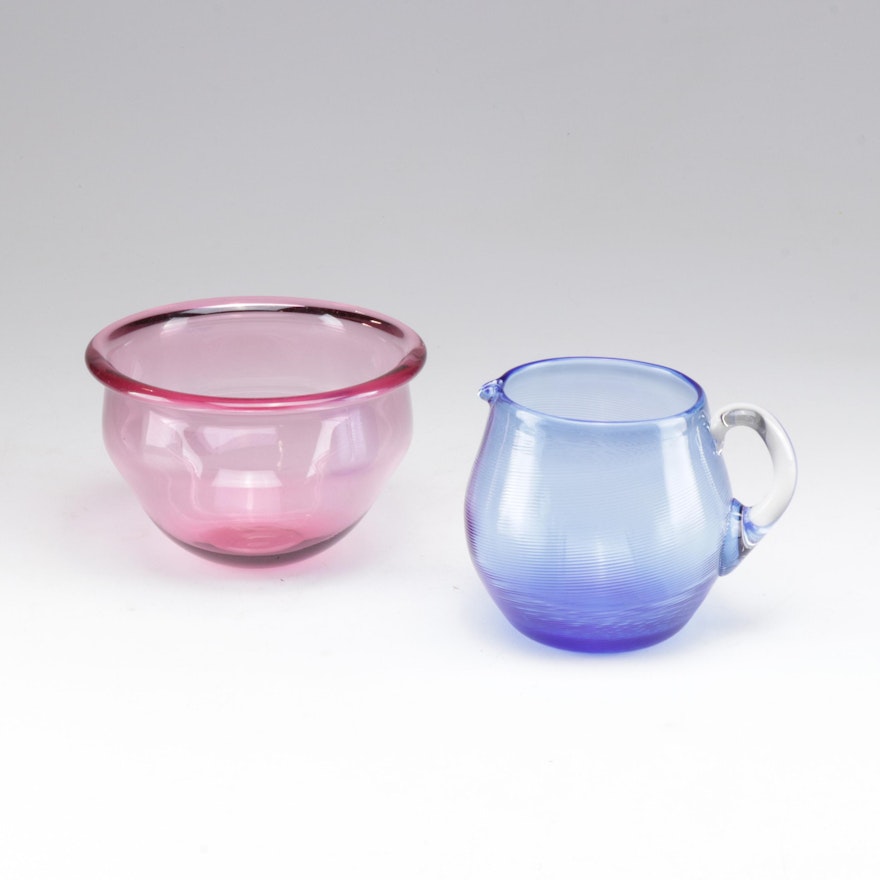 Hand Blown Signed Pink Bowl and Ribbed Pitcher