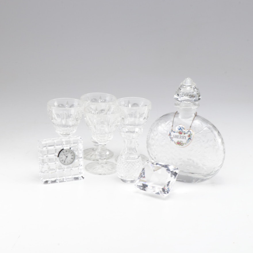 Waterford Crystal Desk Clock, Etched Decanter, Paperweight and Cordial Glasses