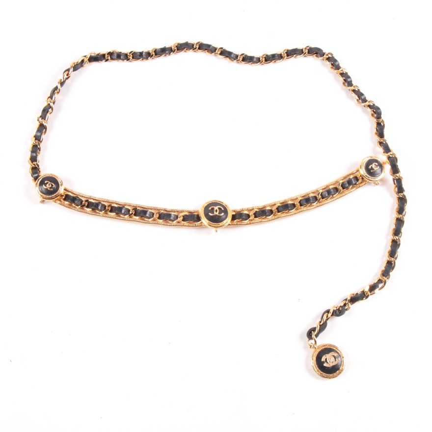 Chanel Season 23 Black Leather Gold Tone Chain Belt with CC Logo Accents, 1984