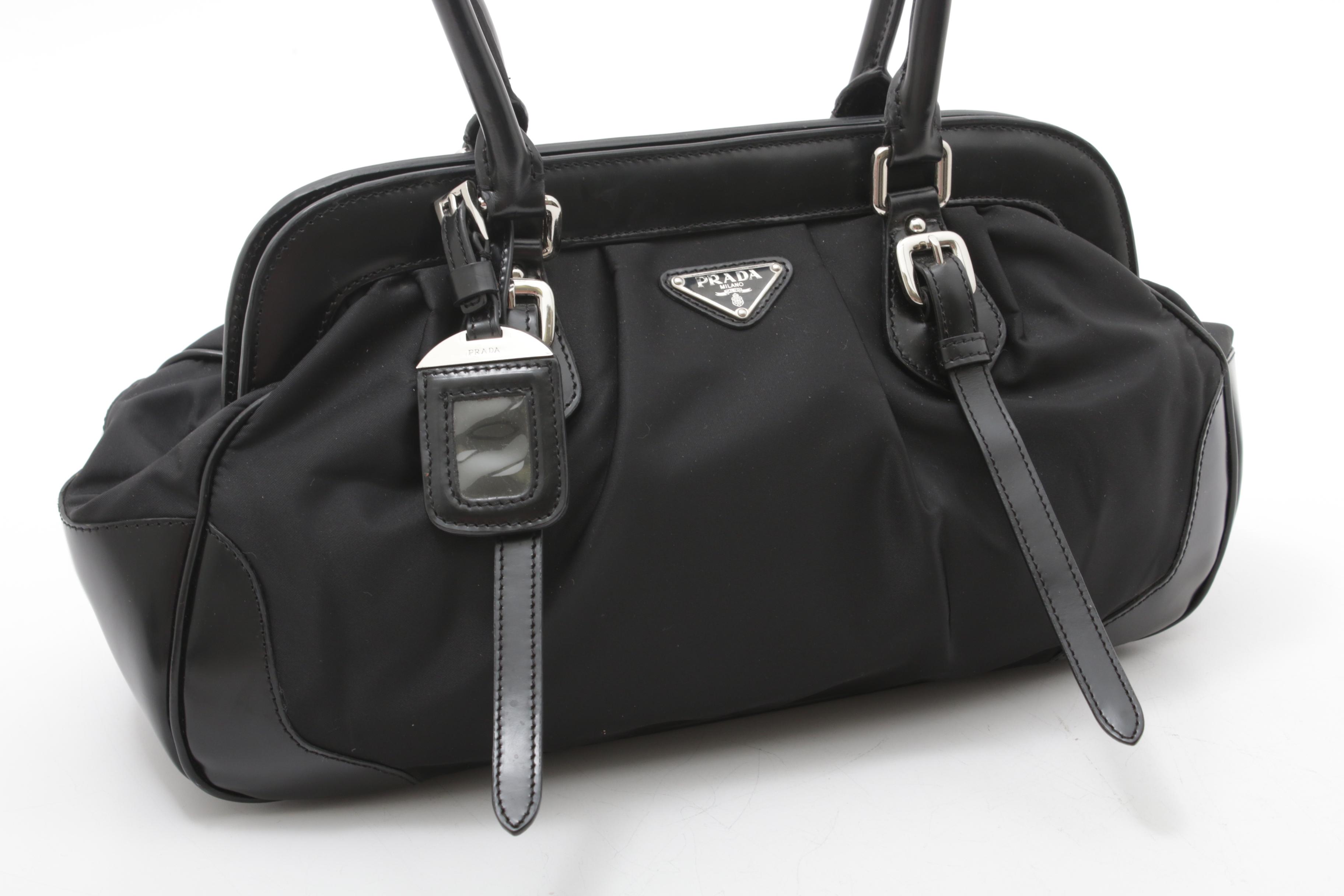Prada Black Nylon and Leather Handbag with Tag and Double Leather Buckle Straps