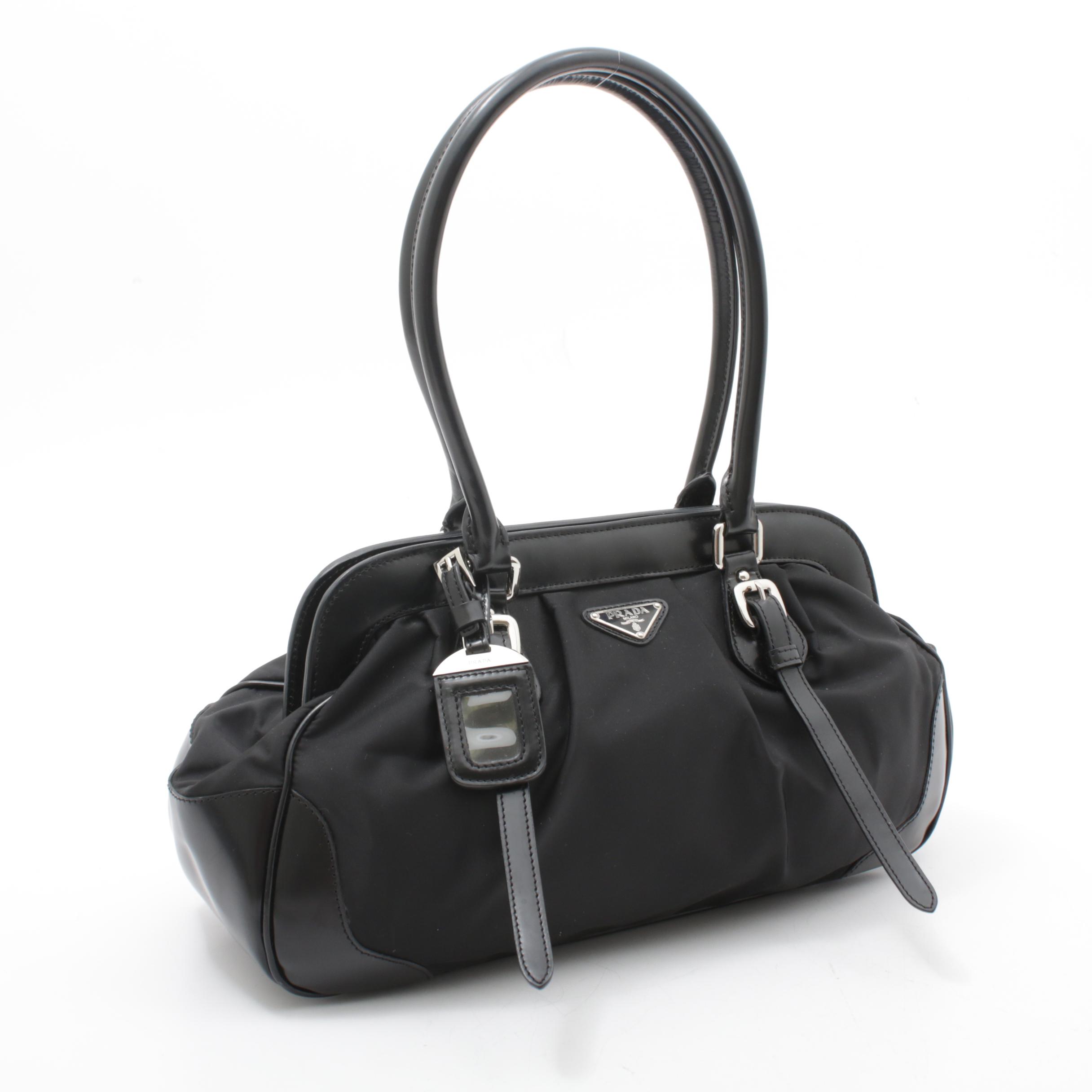 Prada Black Nylon and Leather Handbag with Tag and Double Leather Buckle Straps