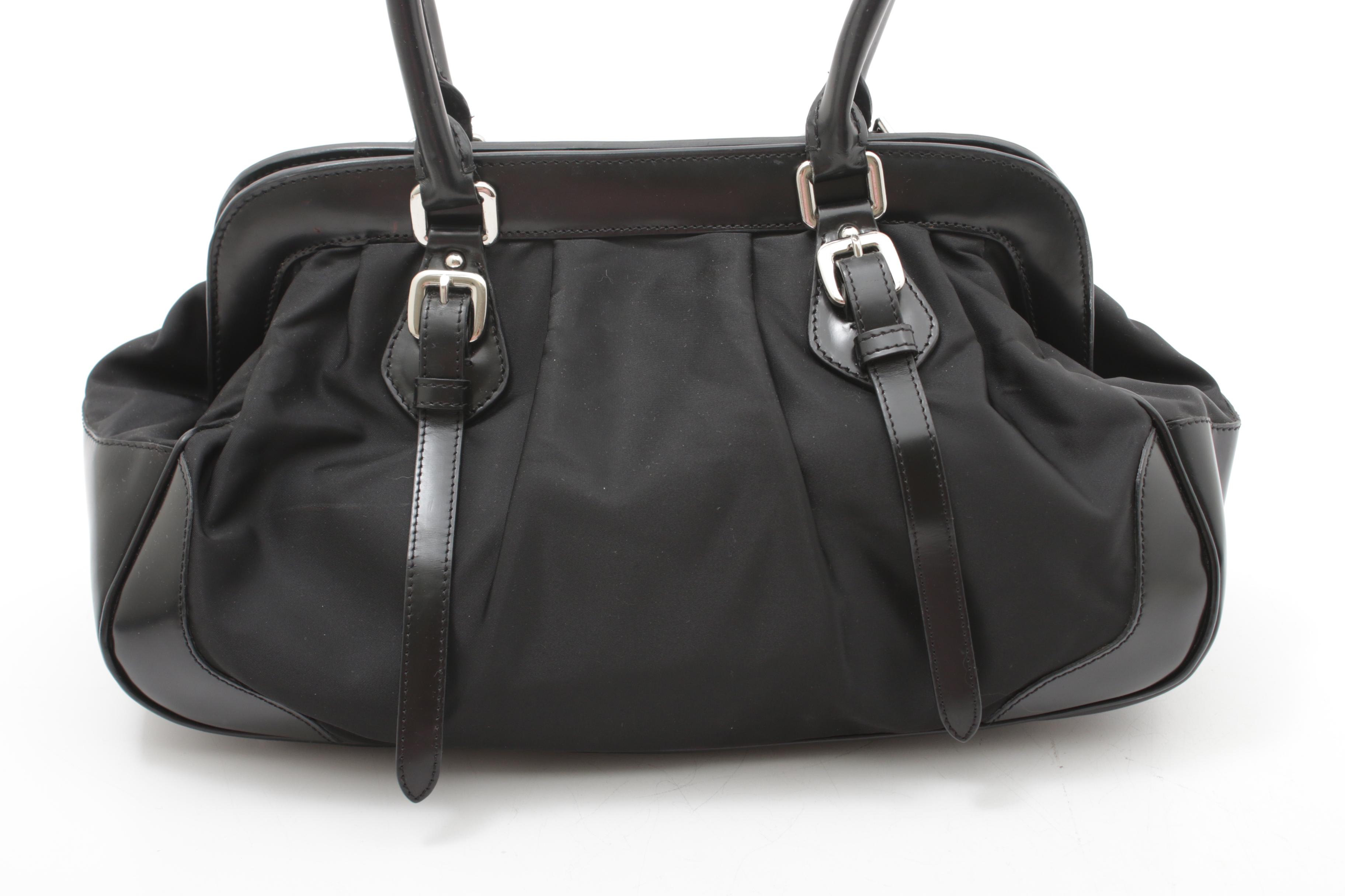 Prada Black Nylon and Leather Handbag with Tag and Double Leather Buckle Straps