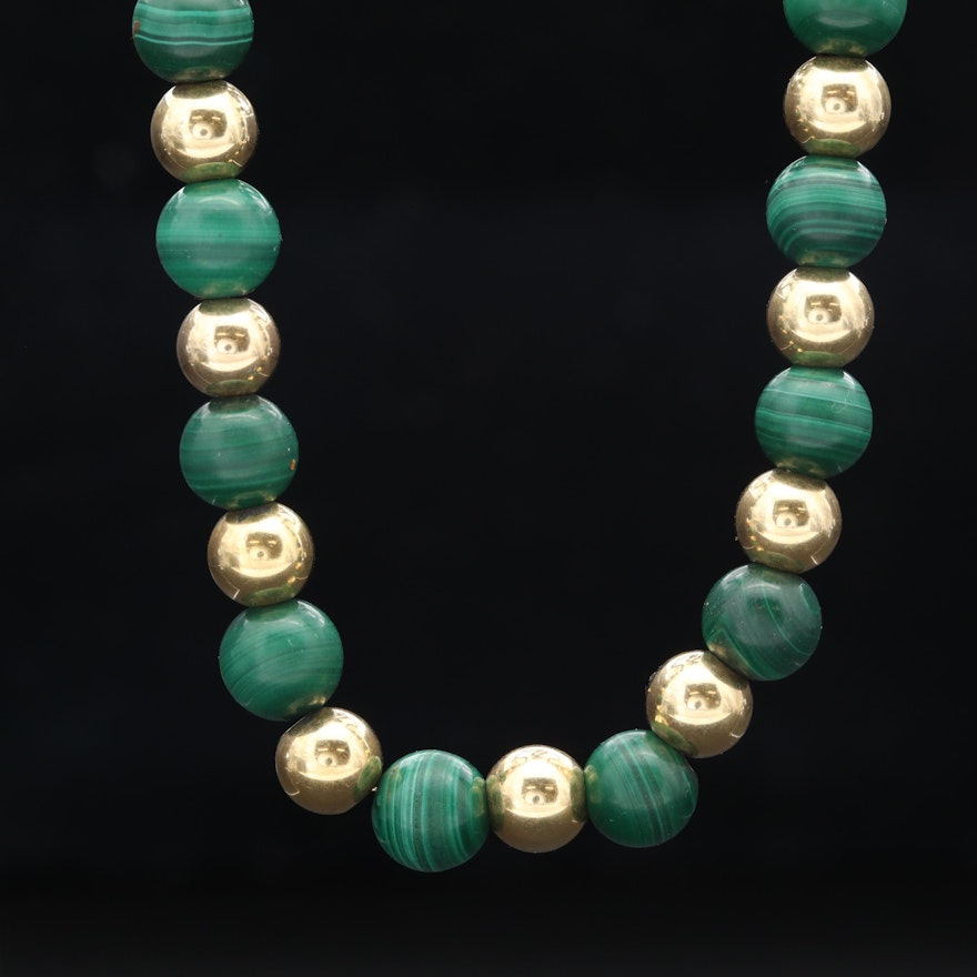 14K Yellow Gold Malachite Beaded Necklace