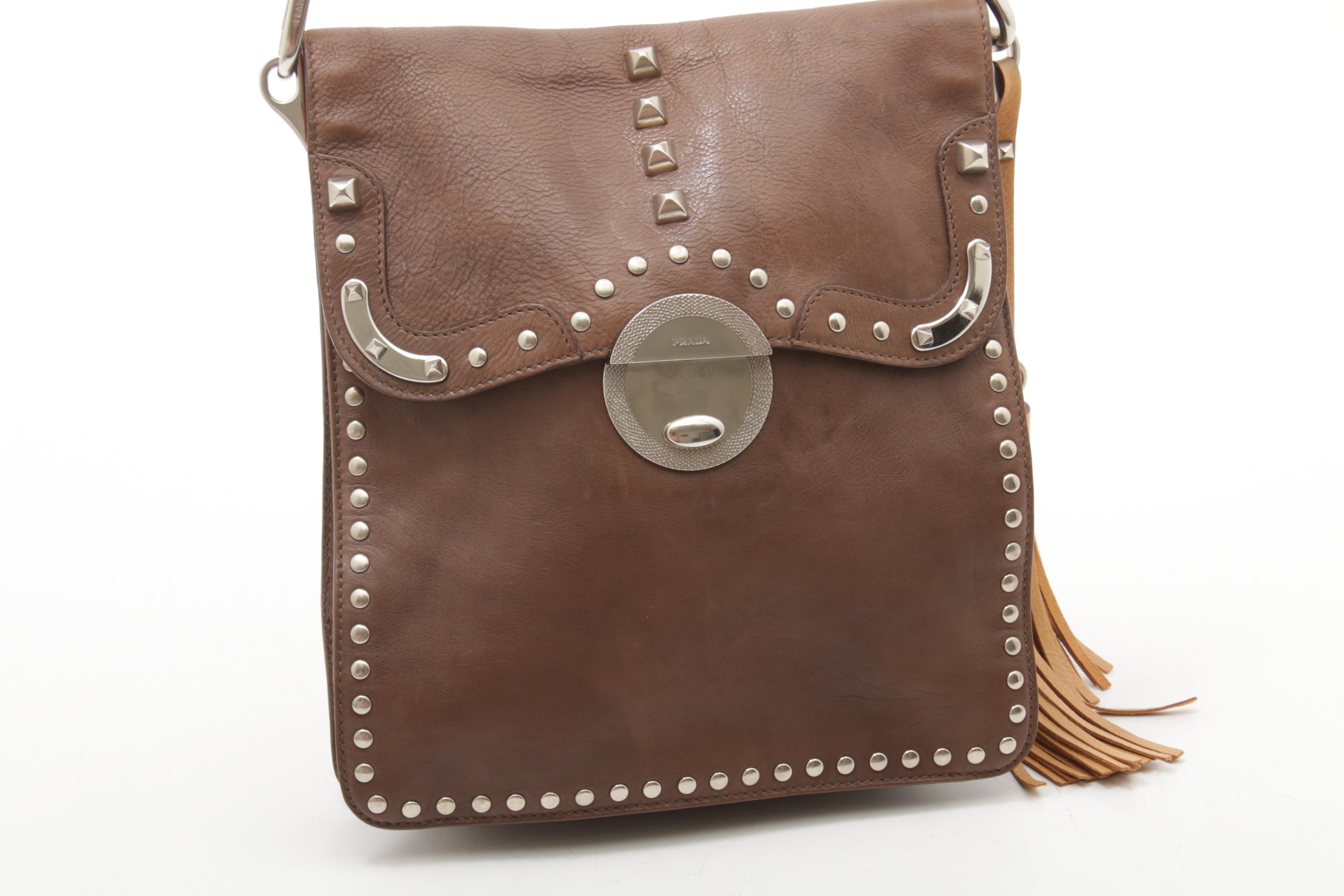 Prada Brown Leather Shoulder Bag with Silver Tone Studs and Tassel