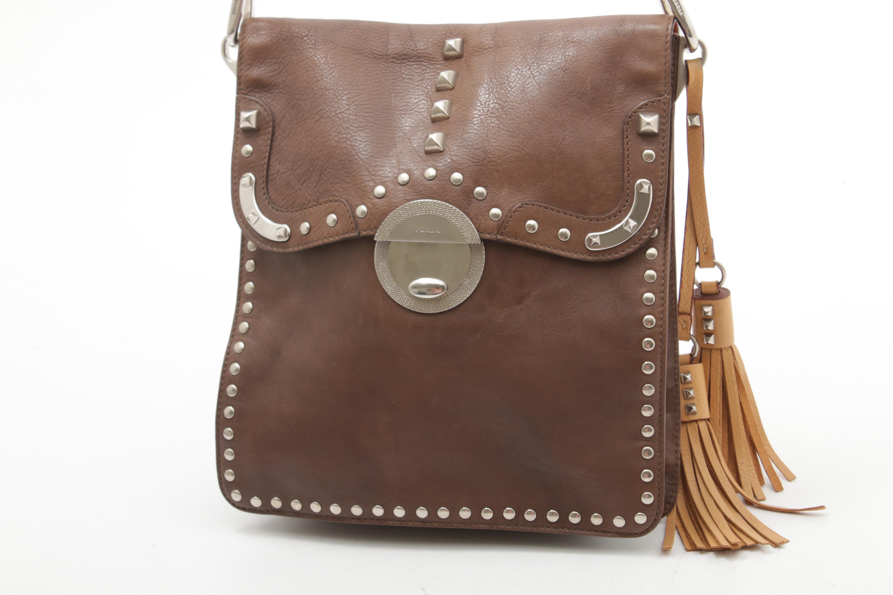 Prada Brown Leather Shoulder Bag with Silver Tone Studs and Tassel