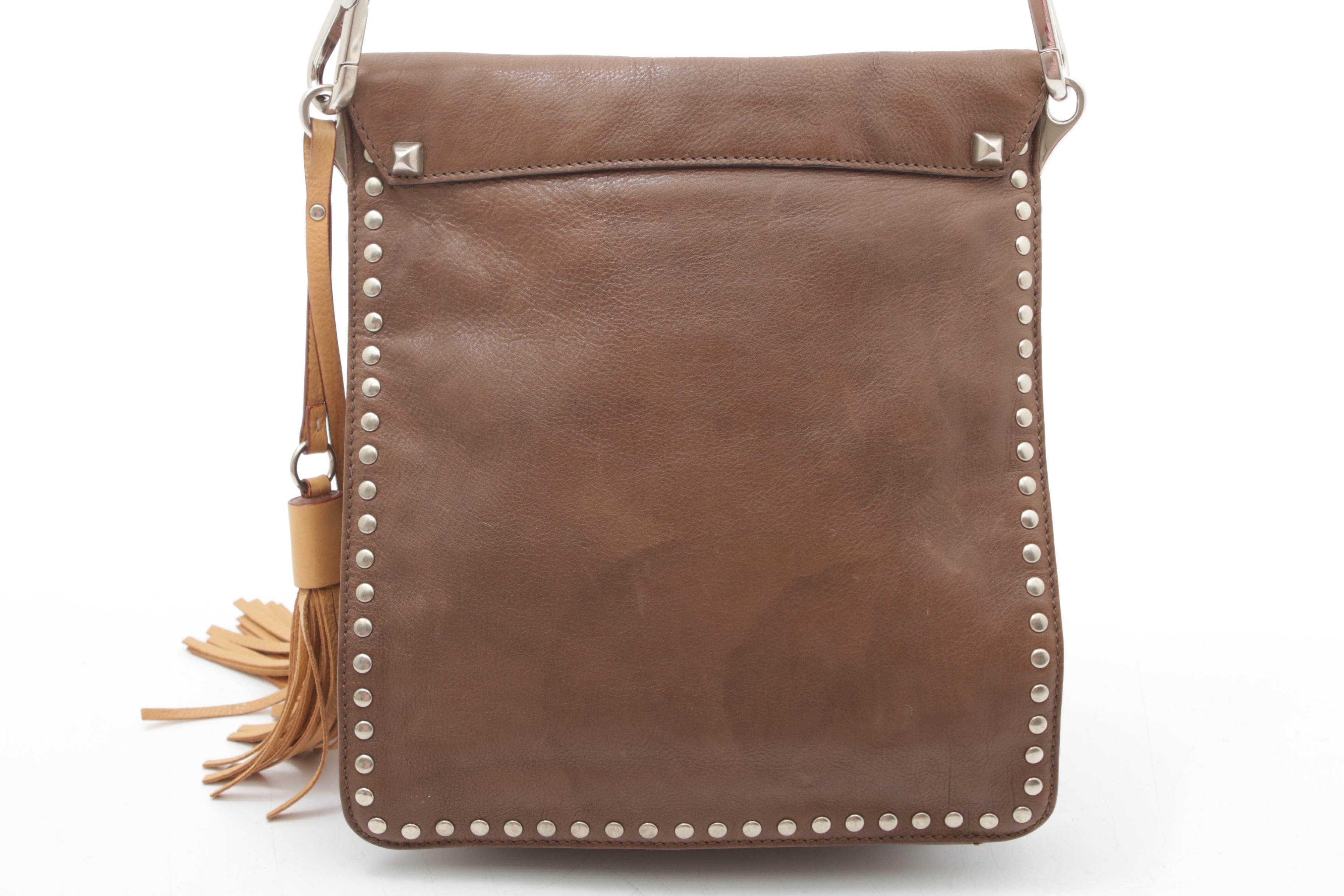 Prada Brown Leather Shoulder Bag with Silver Tone Studs and Tassel
