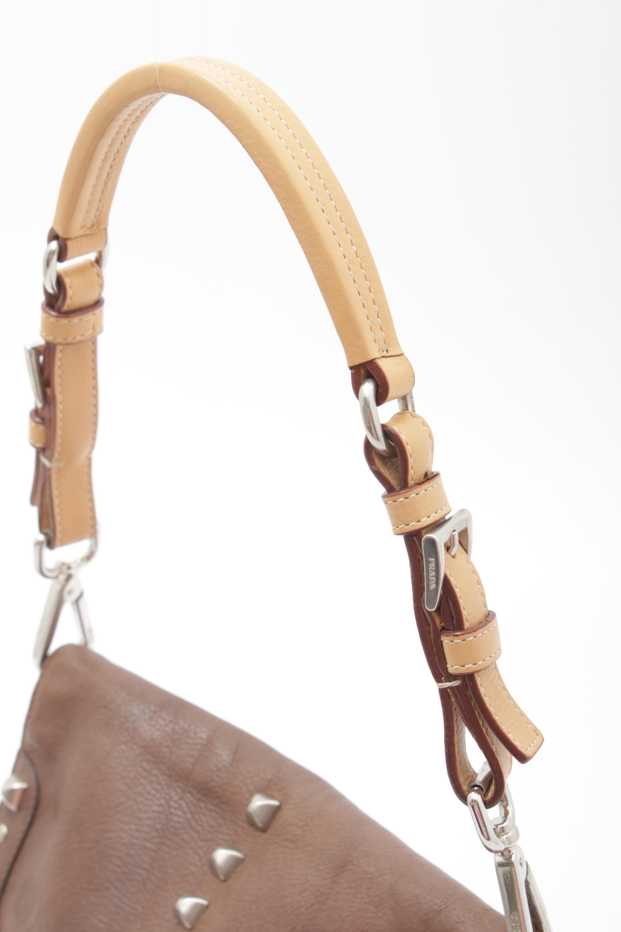 Prada Brown Leather Shoulder Bag with Silver Tone Studs and Tassel