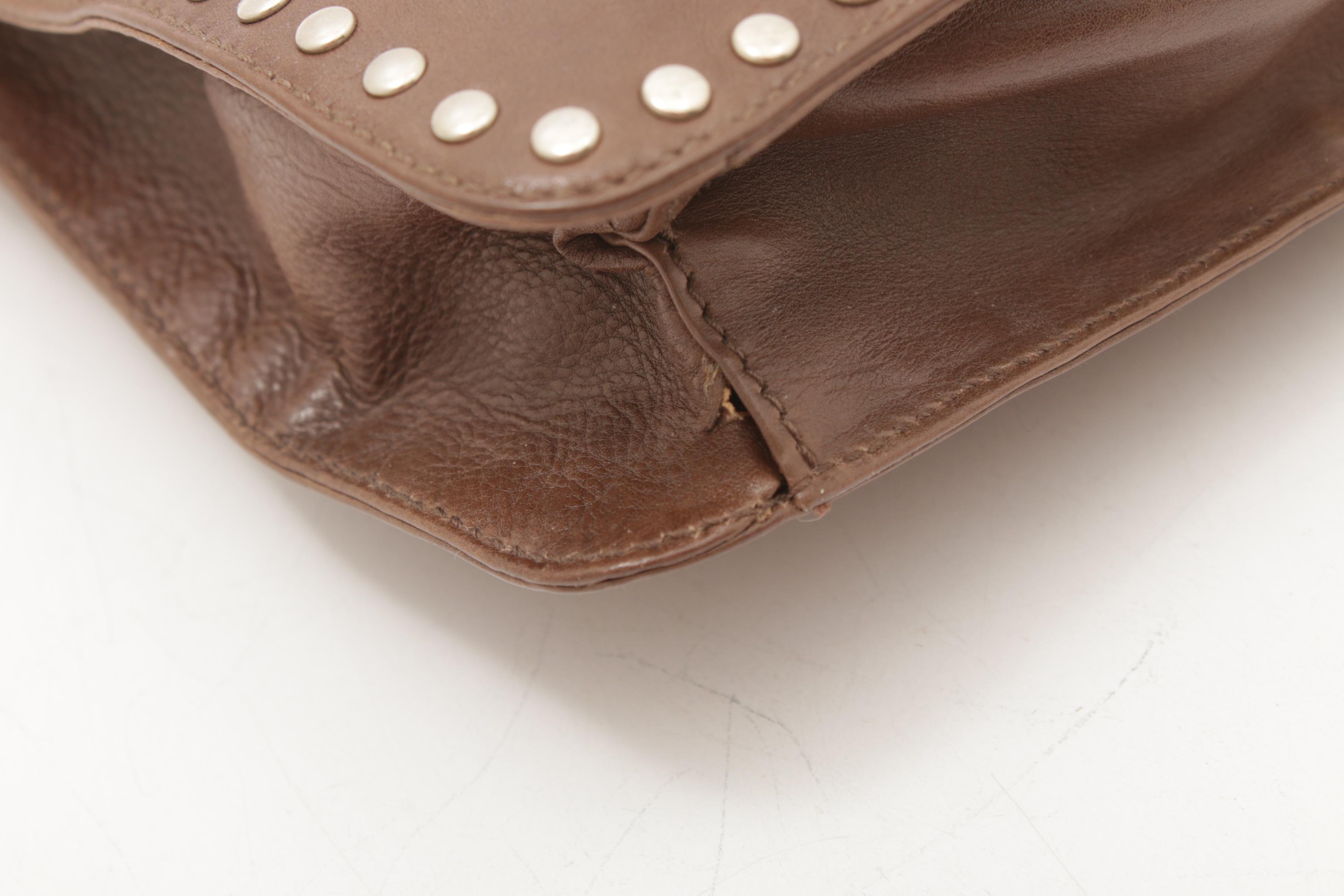 Prada Brown Leather Shoulder Bag with Silver Tone Studs and Tassel