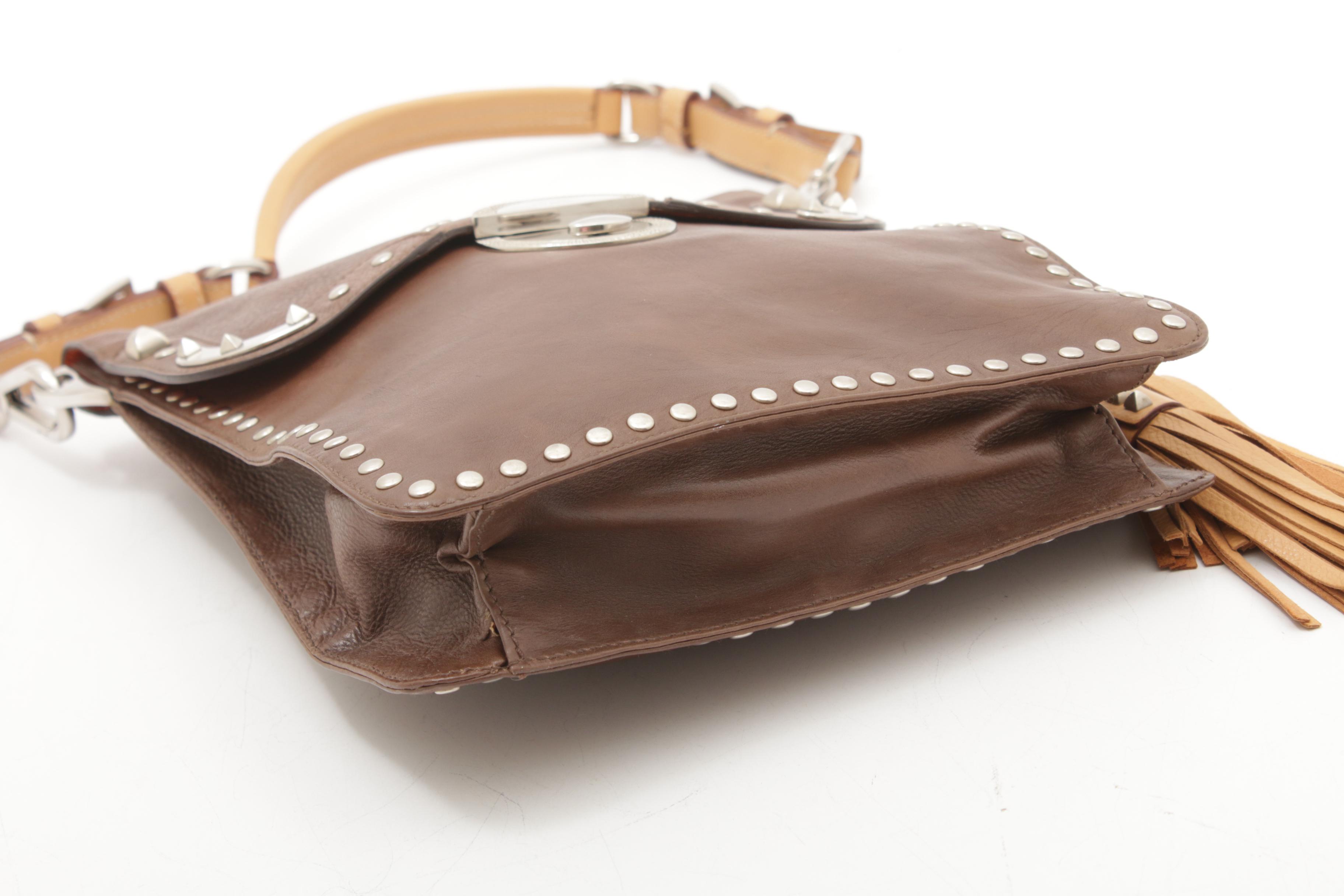 Prada Brown Leather Shoulder Bag with Silver Tone Studs and Tassel