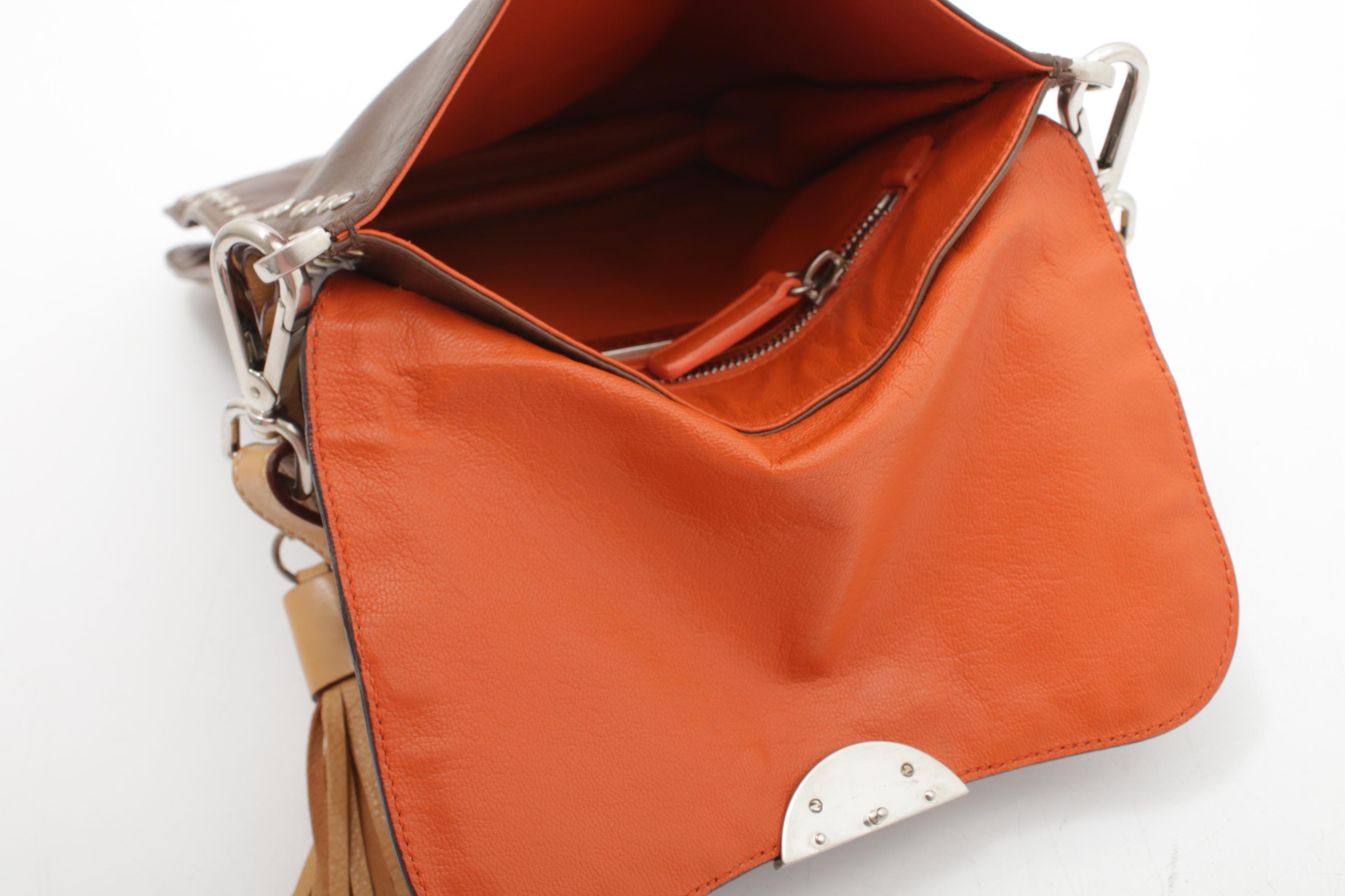 Prada Brown Leather Shoulder Bag with Silver Tone Studs and Tassel