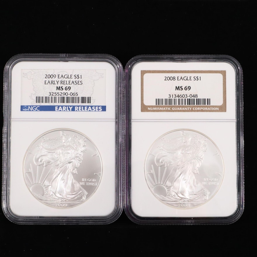 2008 and 2009 NGC Graded $1 U.S. Silver Eagles