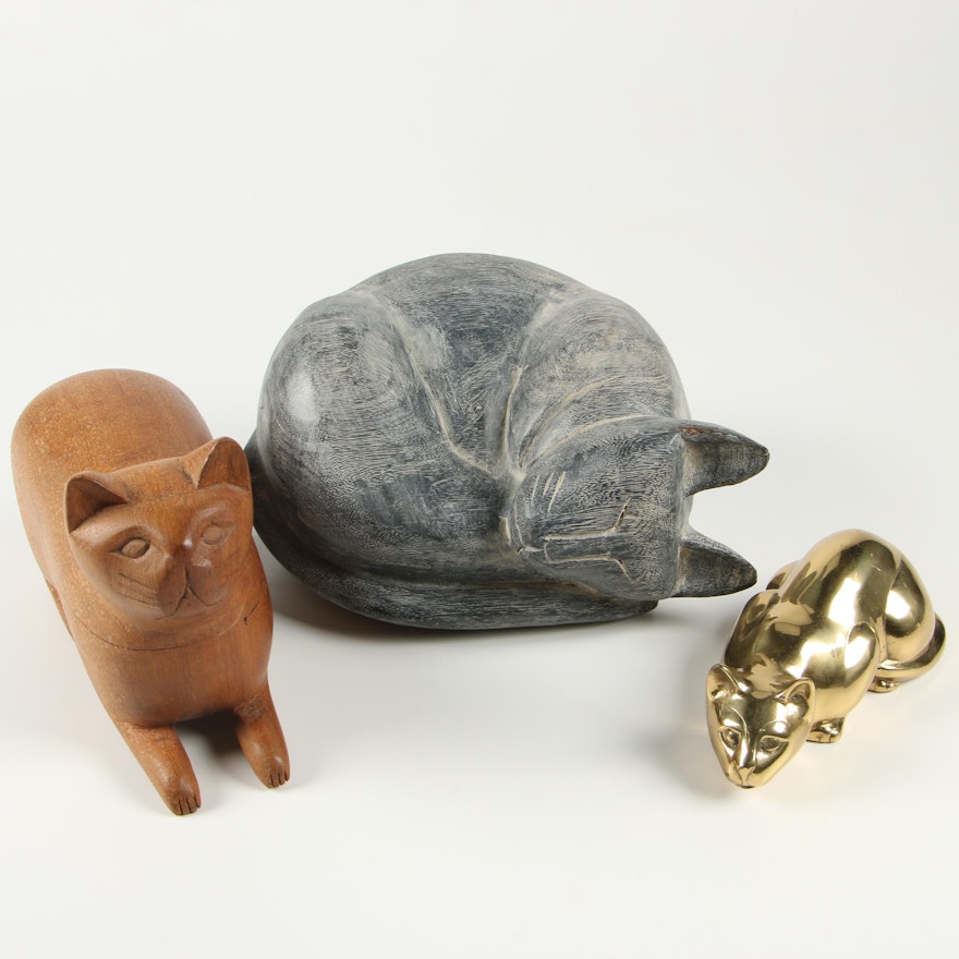 Wooden and Brass Cat Figurines and Box