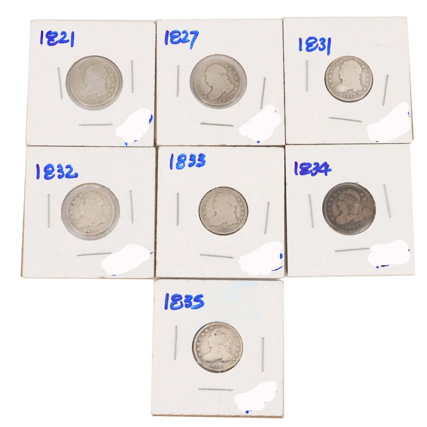 Seven Capped Bust Silver Dimes Featuring an 1821
