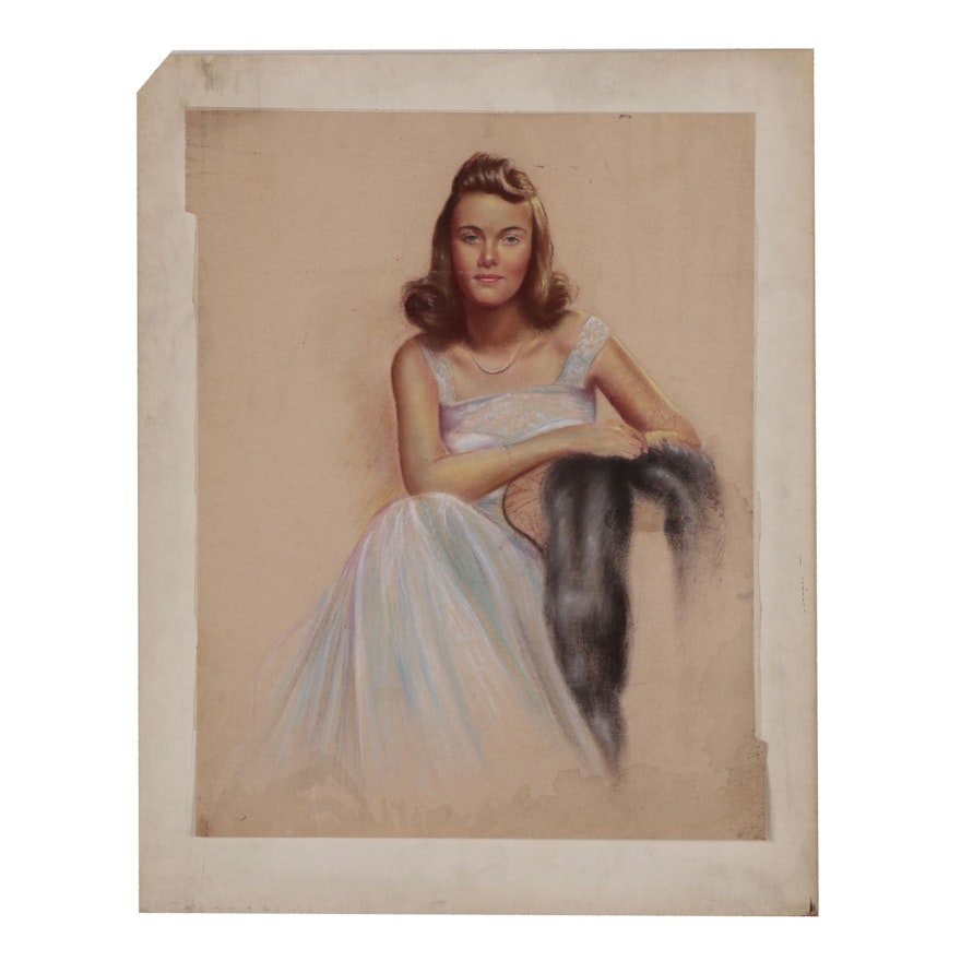 Mid-Century Pastel Portrait of Seated Lady