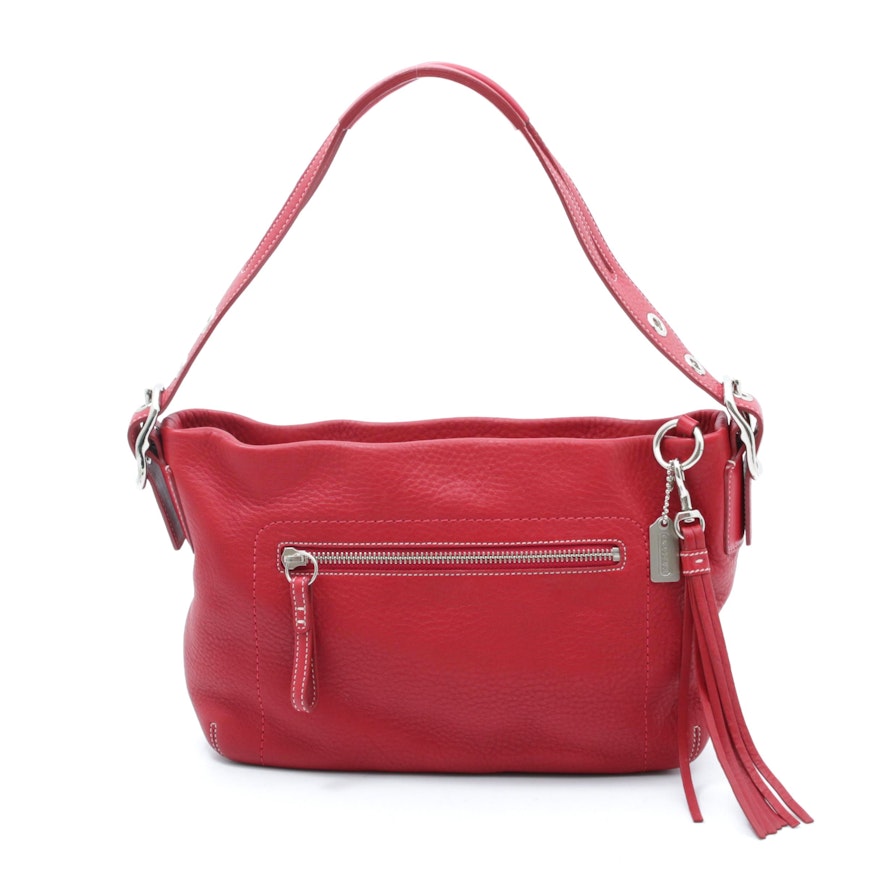Coach Red Pebbled Leather Split Handle Hobo Handbag with Tassel