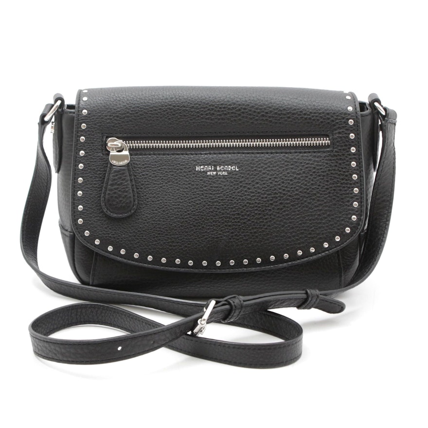 Henri Bendel New York Black Pebbled Leather Studded Fold Over Crossbody Bag