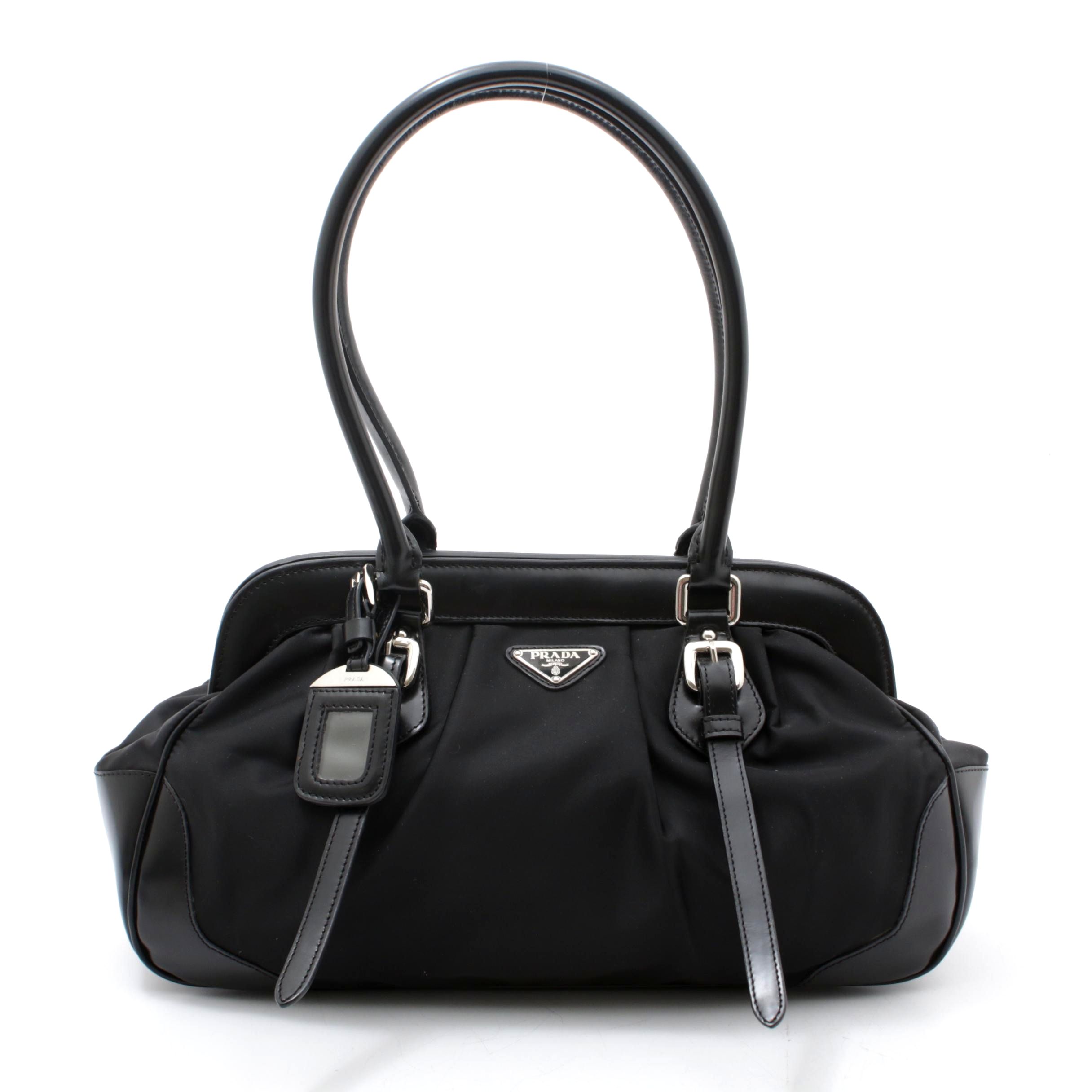 Prada Black Nylon and Leather Handbag with Tag and Double Leather Buckle Straps