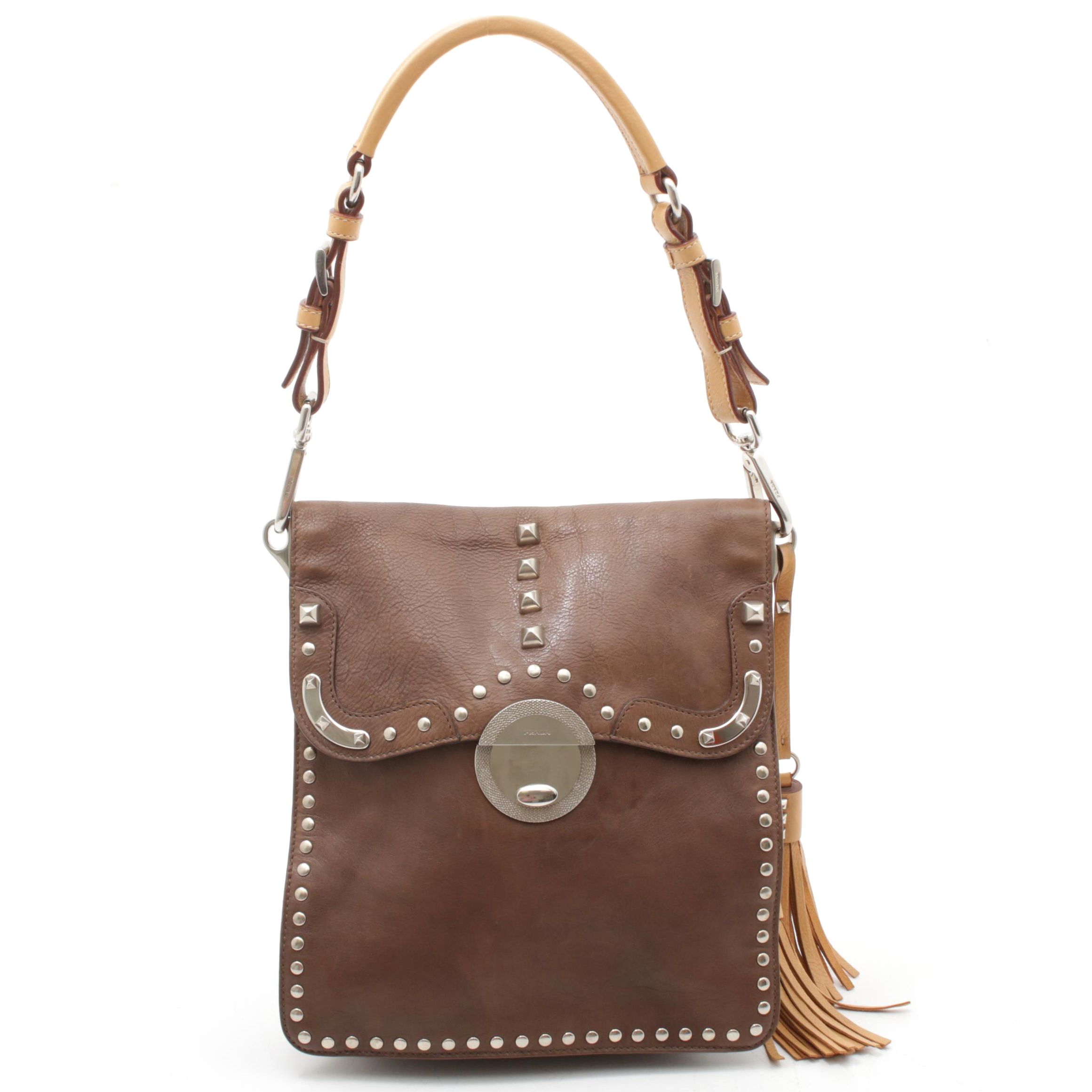Prada Brown Leather Shoulder Bag with Silver Tone Studs and Tassel