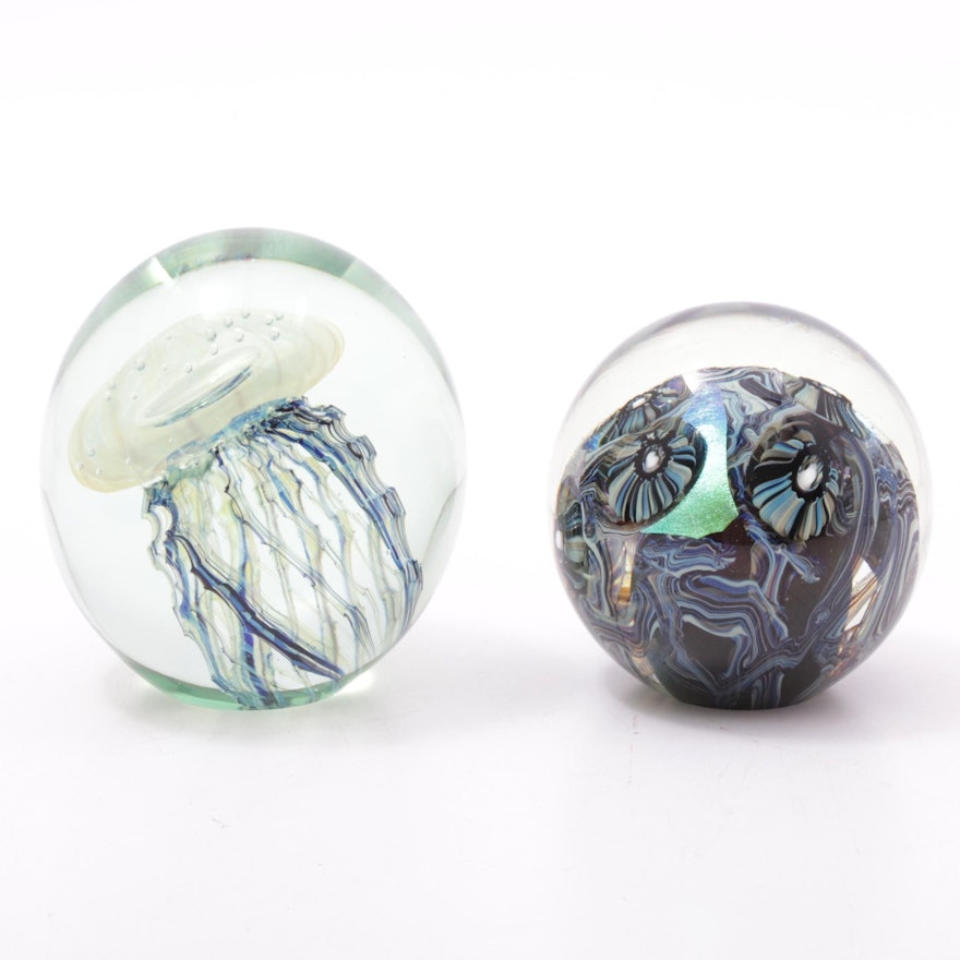 Robert Eickholt "Jellyfish" & "Deep Sea" Signed Blown Glass Spheres