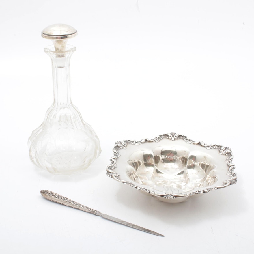 Wallace Sterling Silver Centerpiece Bowl, Decanter and Letter Opener