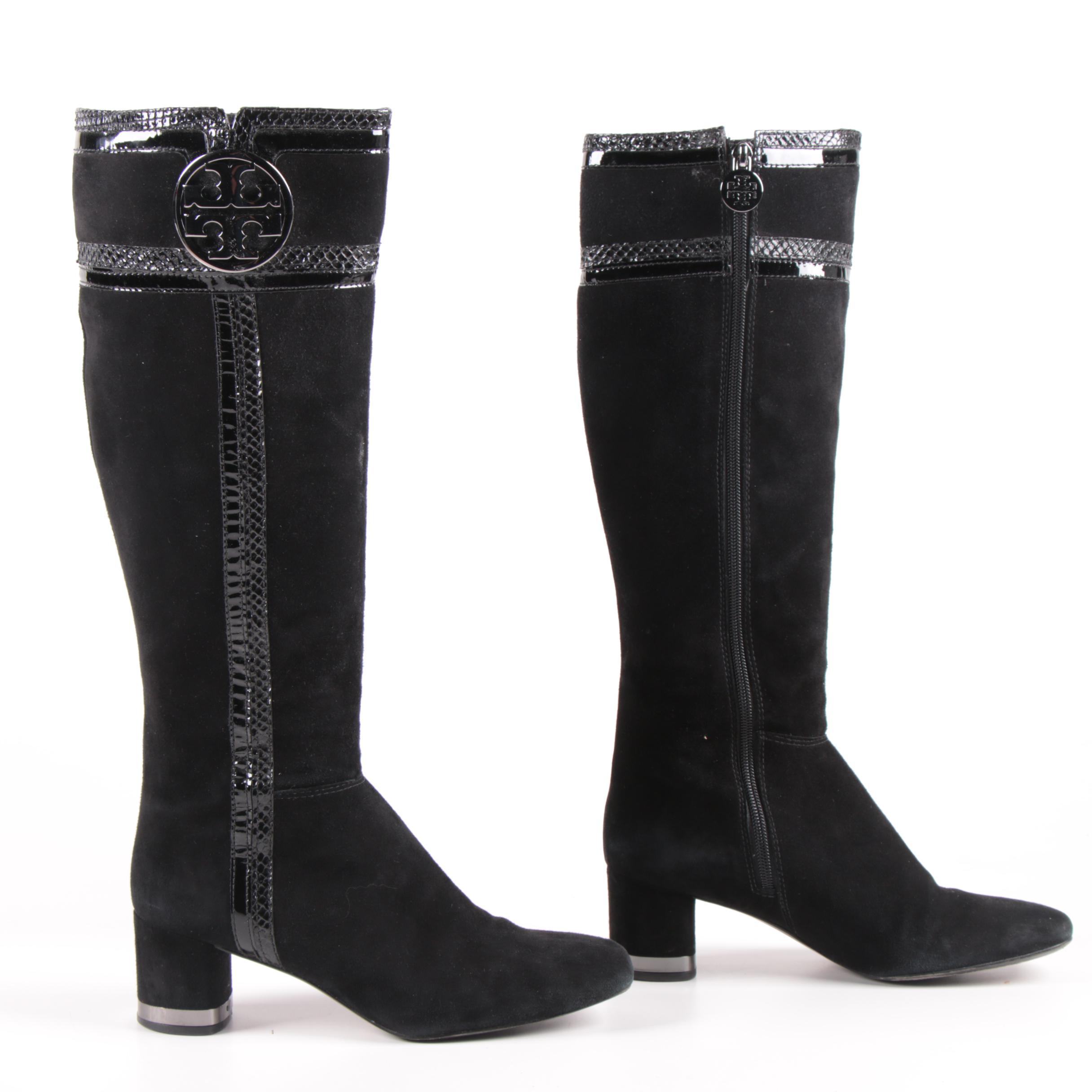 Tory Burch Edith Black Suede Boots with Snakeskin Embossed Patent Leather Trim