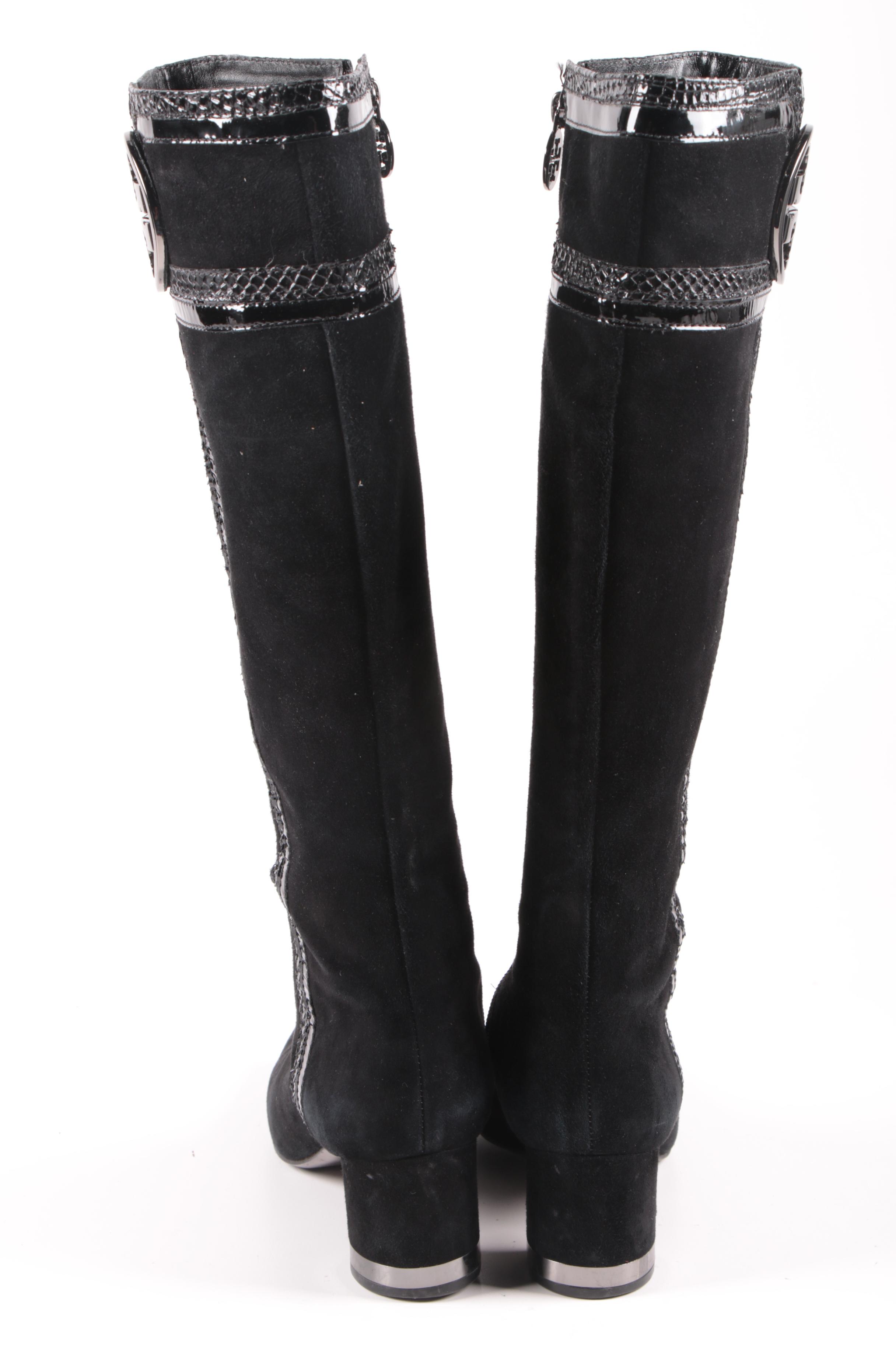 Tory Burch Edith Black Suede Boots with Snakeskin Embossed Patent Leather Trim