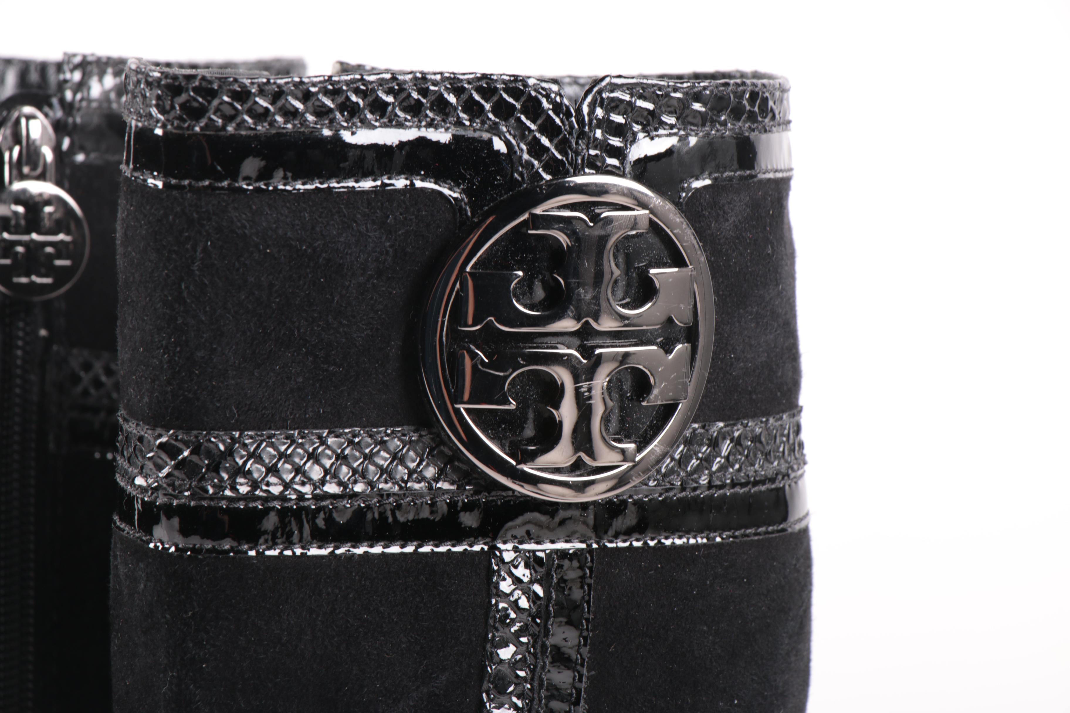 Tory Burch Edith Black Suede Boots with Snakeskin Embossed Patent Leather Trim