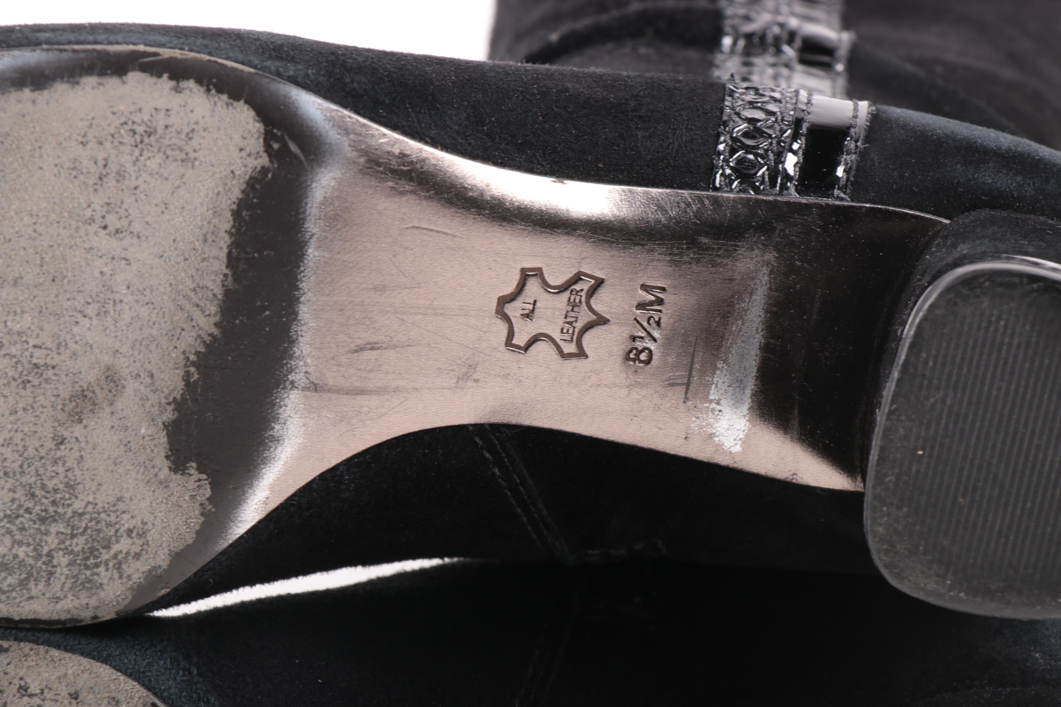 Tory Burch Edith Black Suede Boots with Snakeskin Embossed Patent Leather Trim