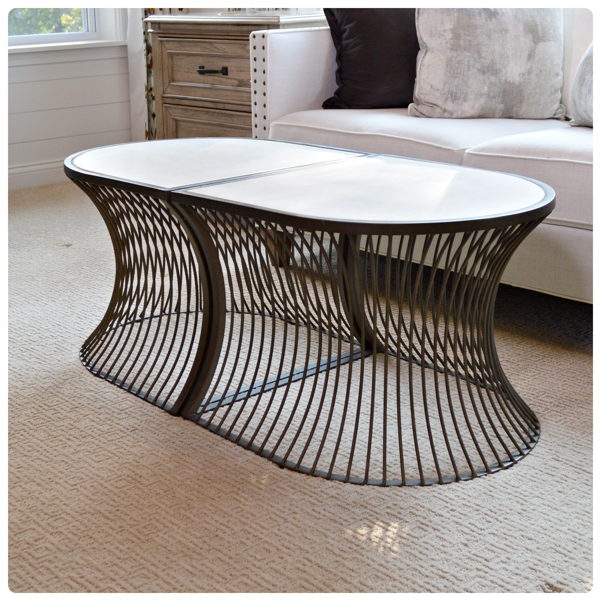 Gabby "Olivia" Limestone and Mottled Brass Oval Coffee Table, Contemporary