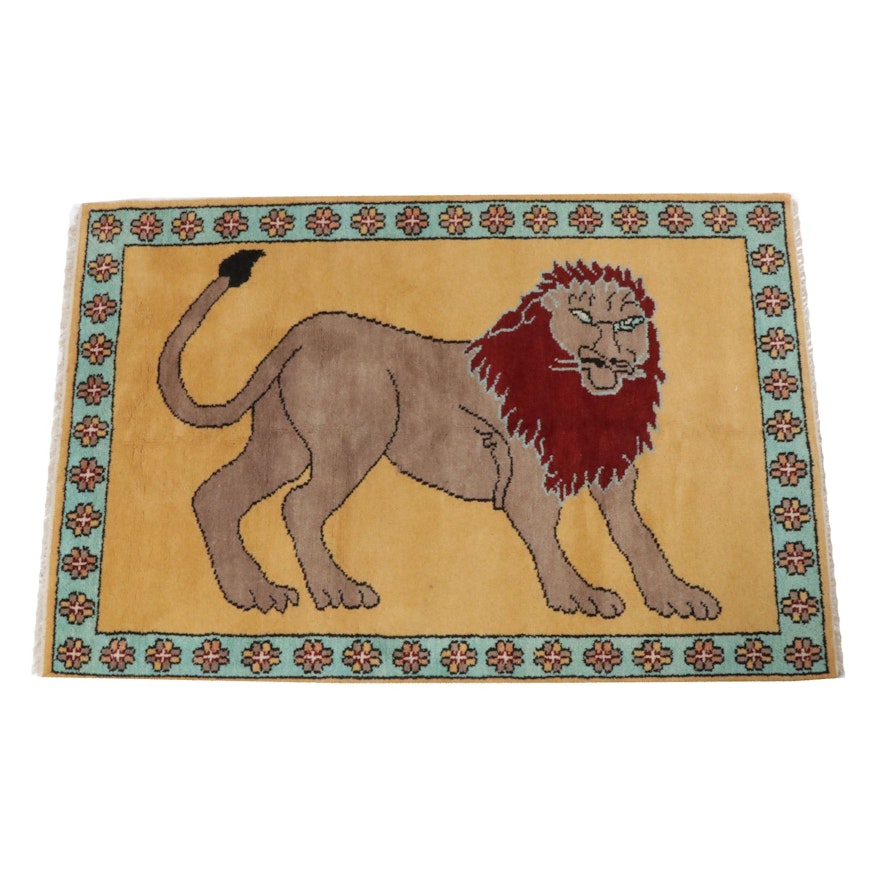 Hand-Knotted Turkish Pictorial Lion Rug