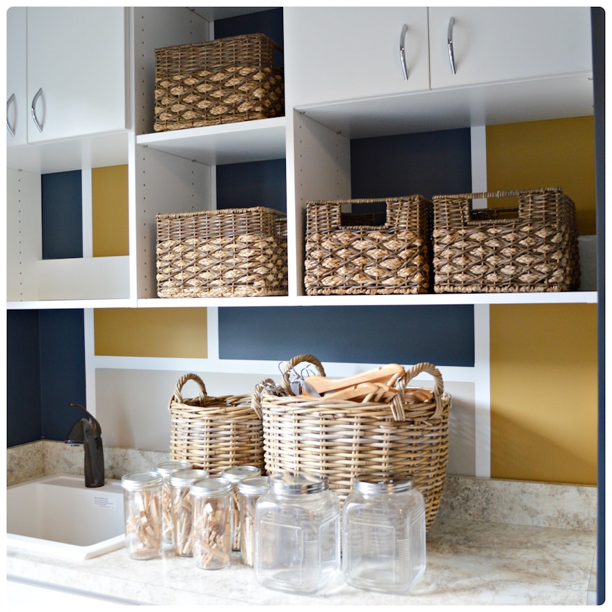 Laundry Room Organization Including Baskets, Hangers and Clothes Pins