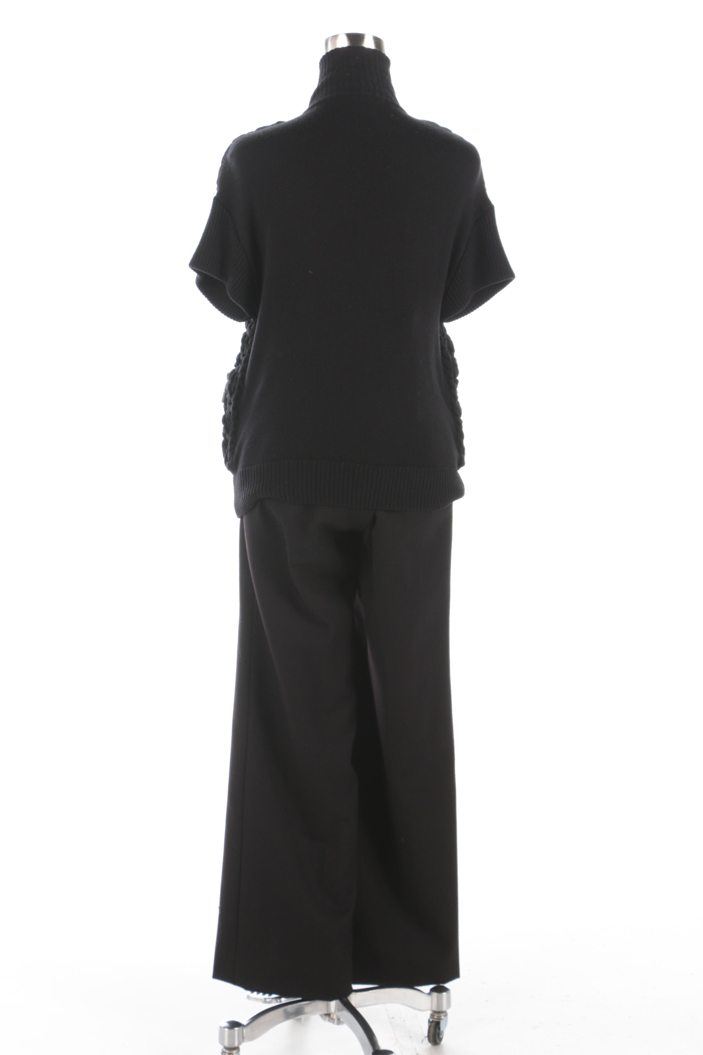 Tory Burch Black Short Sleeve Zip-Front Sweater and Wool Trousers
