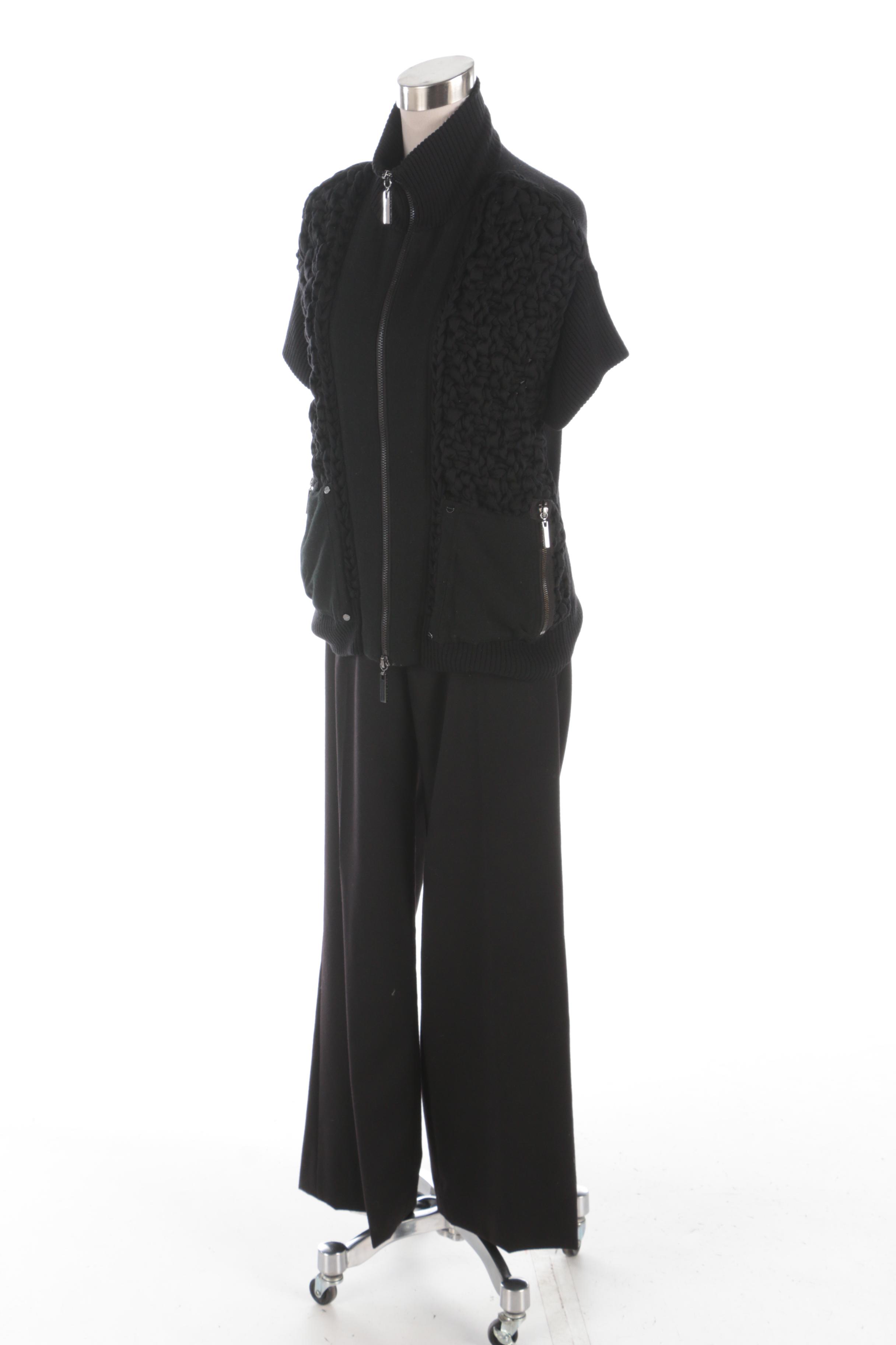 Tory Burch Black Short Sleeve Zip-Front Sweater and Wool Trousers