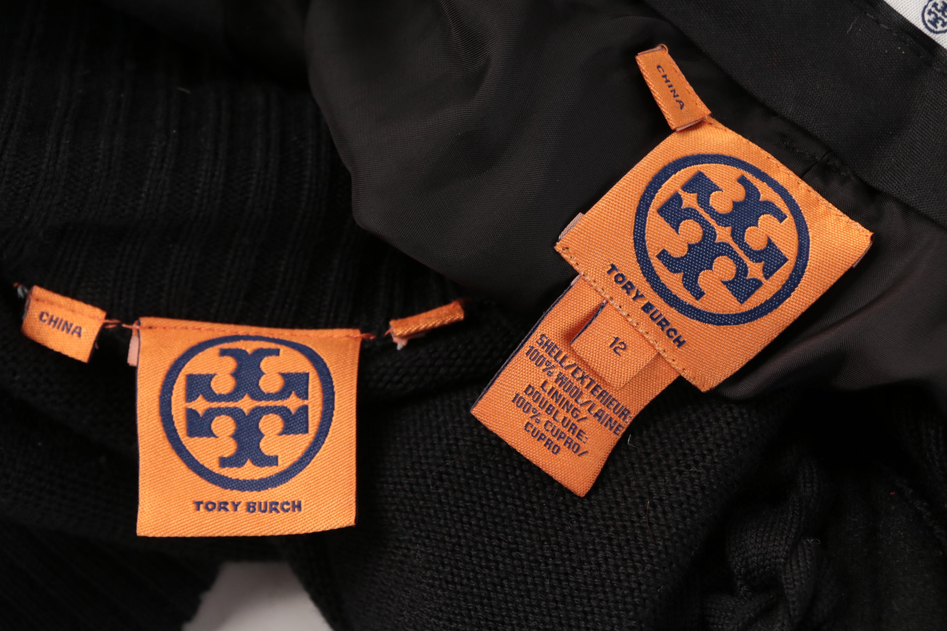 Tory Burch Black Short Sleeve Zip-Front Sweater and Wool Trousers