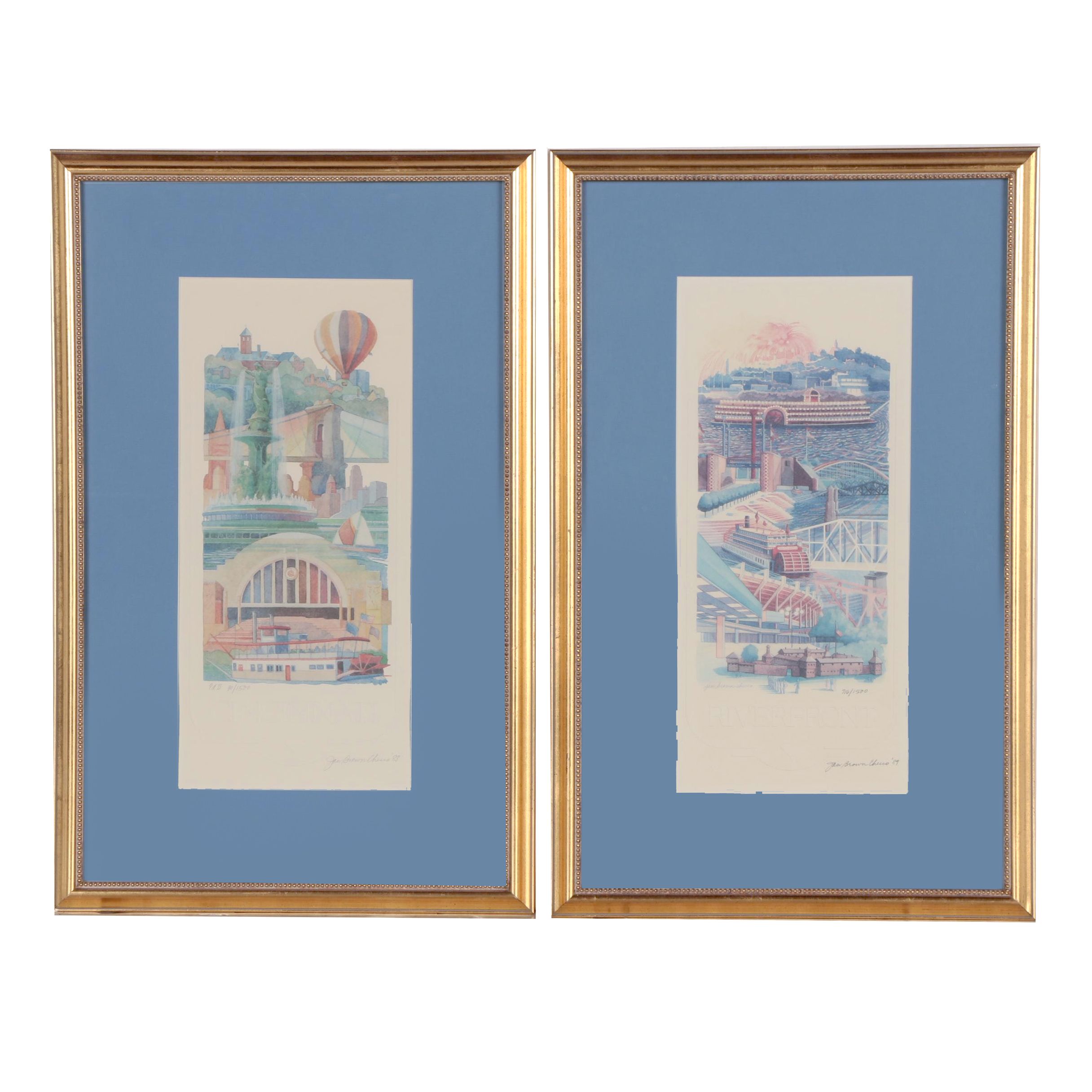 Jan Brown Checco Offset Lithographs "Riverfront" & "Cincinnati"