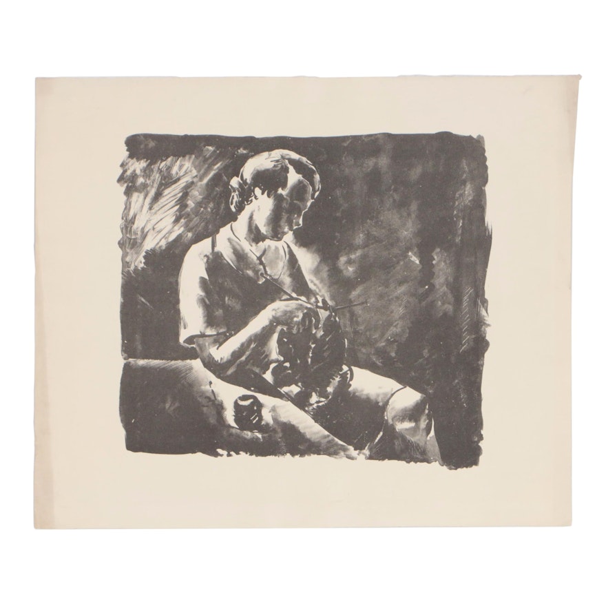 Arthur Helwig 1936 Lithograph "Girl Knitting"