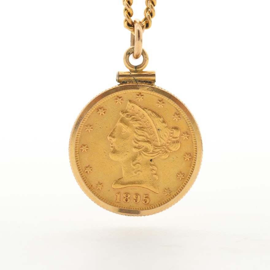 22K Yellow Gold 1895 Liberty Head Half Eagle Coin With Curb Link Chain