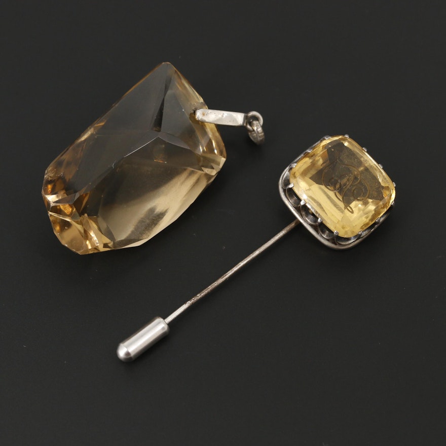 Sterling Silver and 800 Silver Citrine and Glass Jewelry Including Stick Pins