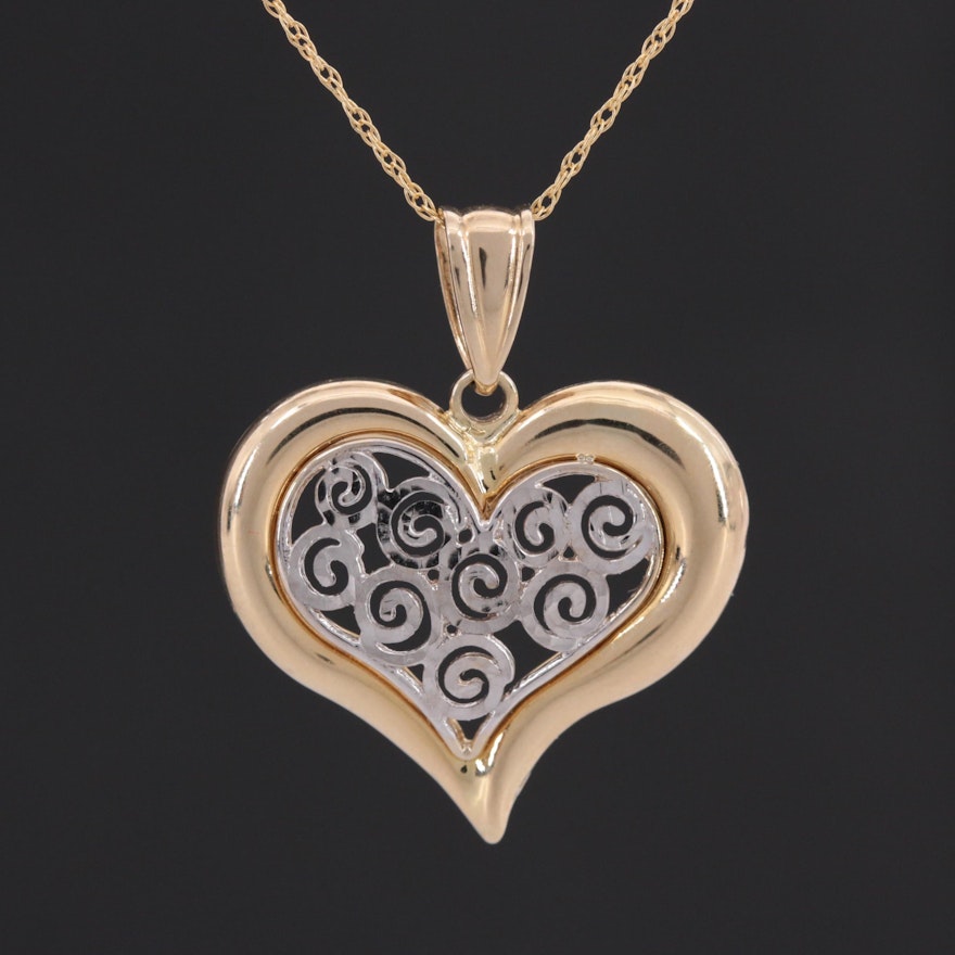 14K Yellow and White Gold Heart Pendant Necklace