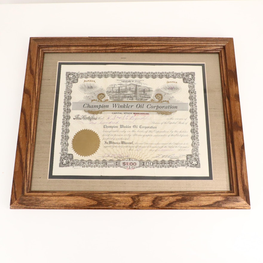 1928 Champion Winkler Oil Corporation Stock Certificate