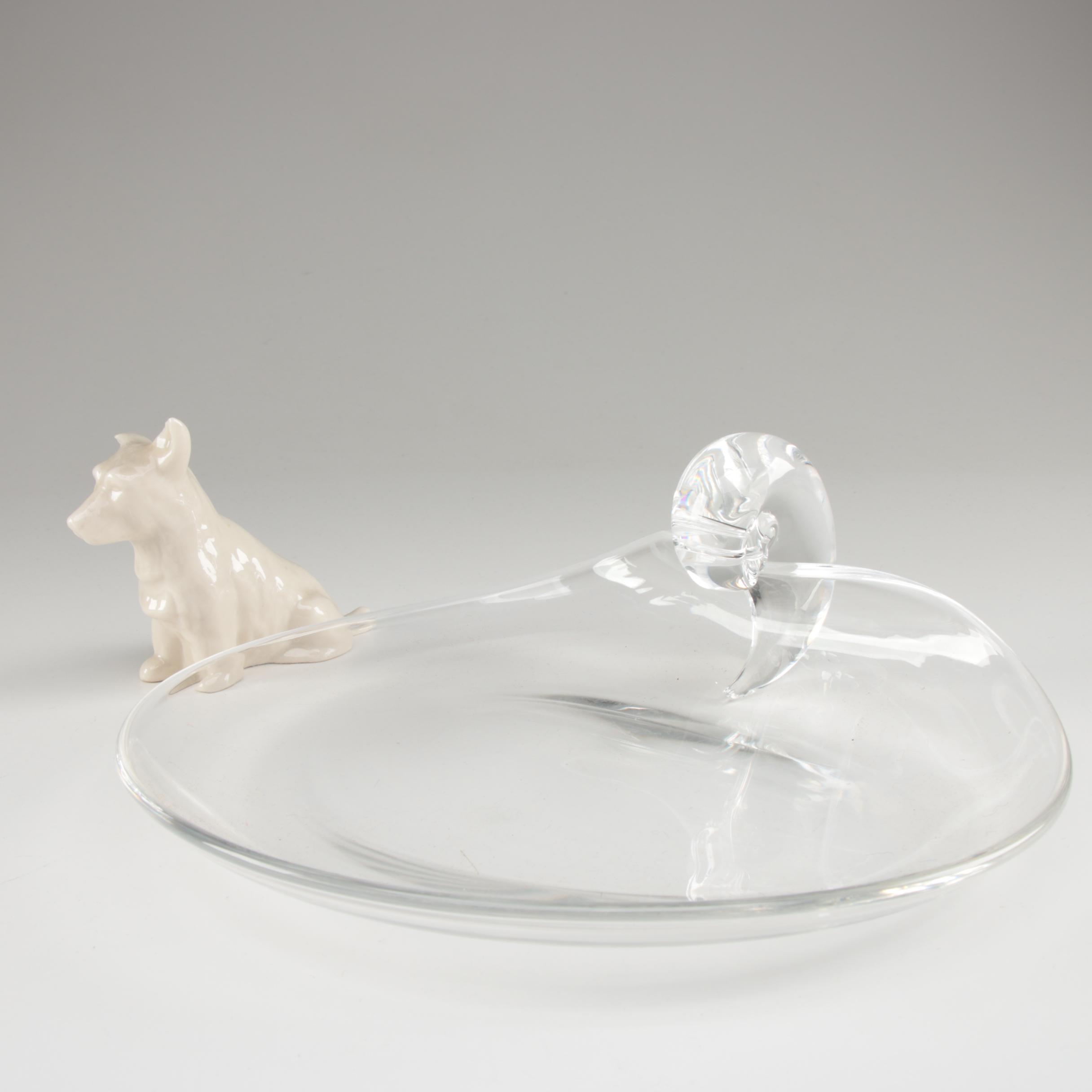 Steuben Art Glass Dish and Belleek Scottish Terrier Figurine