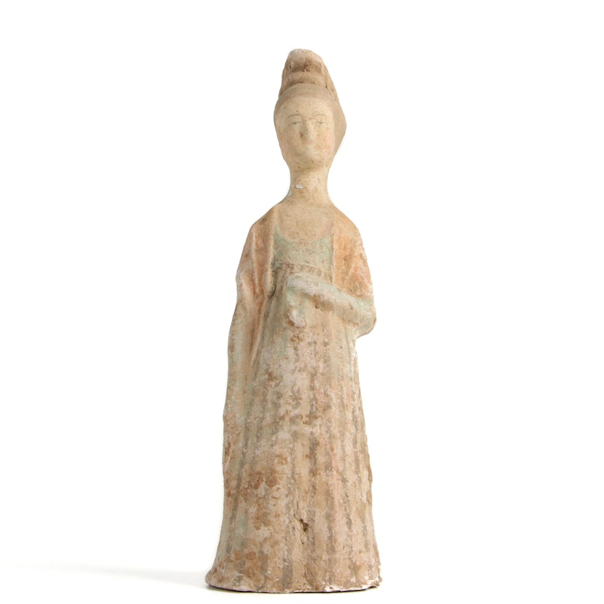 Chinese Polychrome Pottery Figure of a Maiden, Tang Dynasty