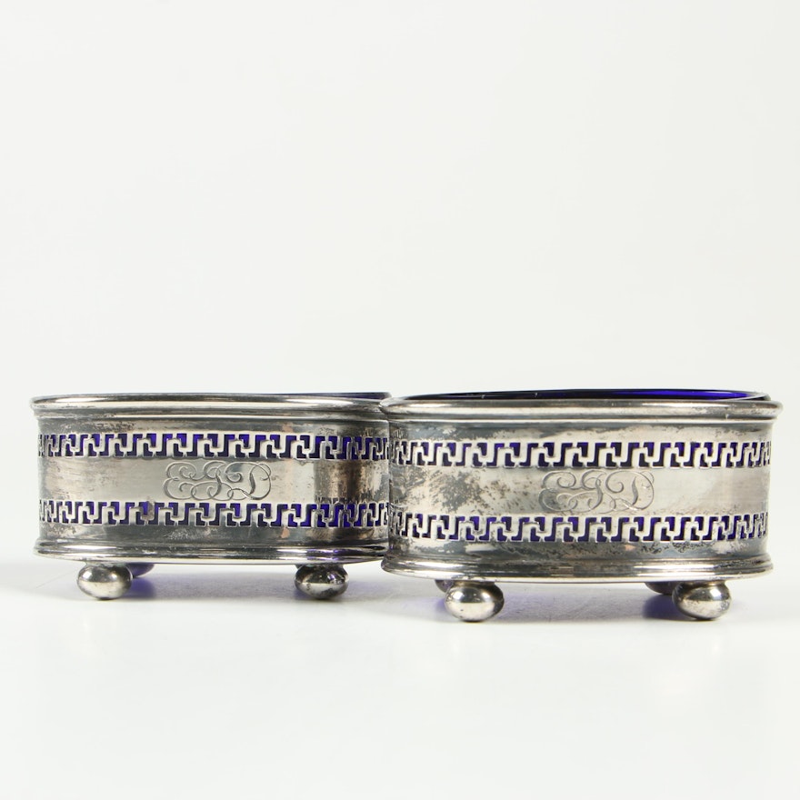 Gorham Sterling Salt Cellars with Blue Glass Inserts, Early/Mid 20th Century