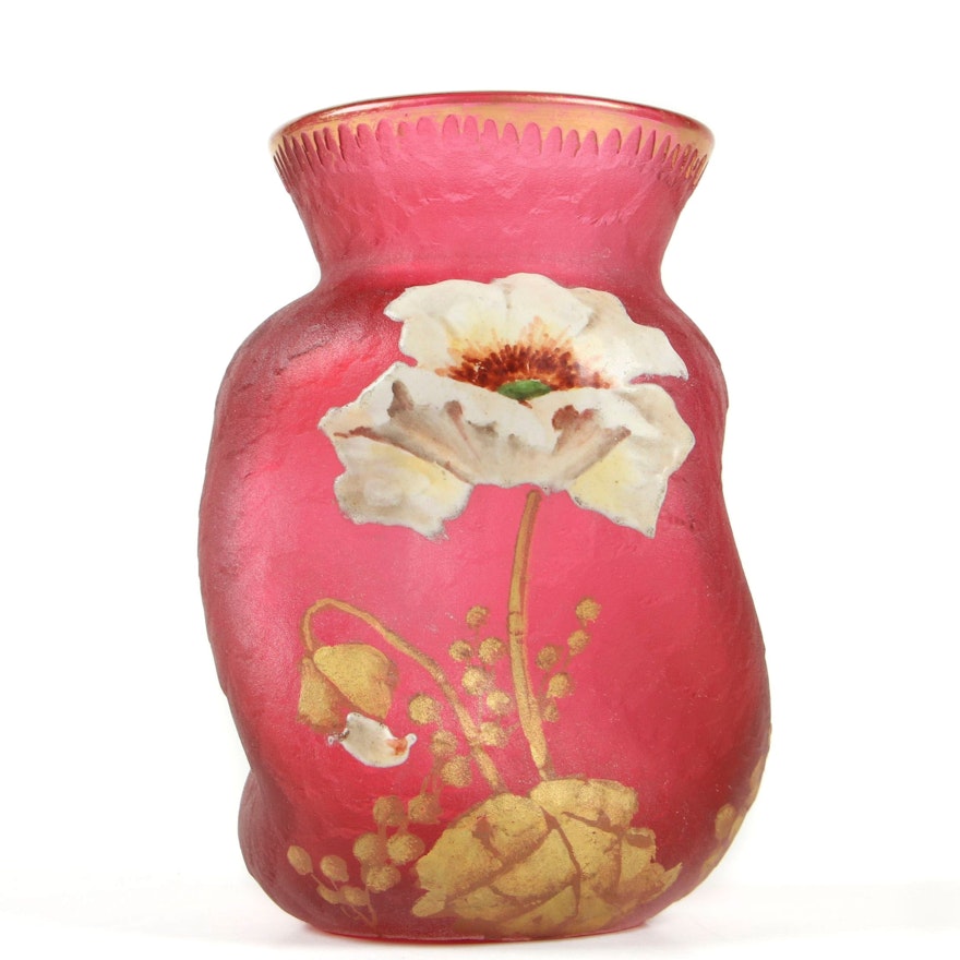 Antique French Legras Mont Joye Acid Etched Vase with Enamel & Gilt Decoration