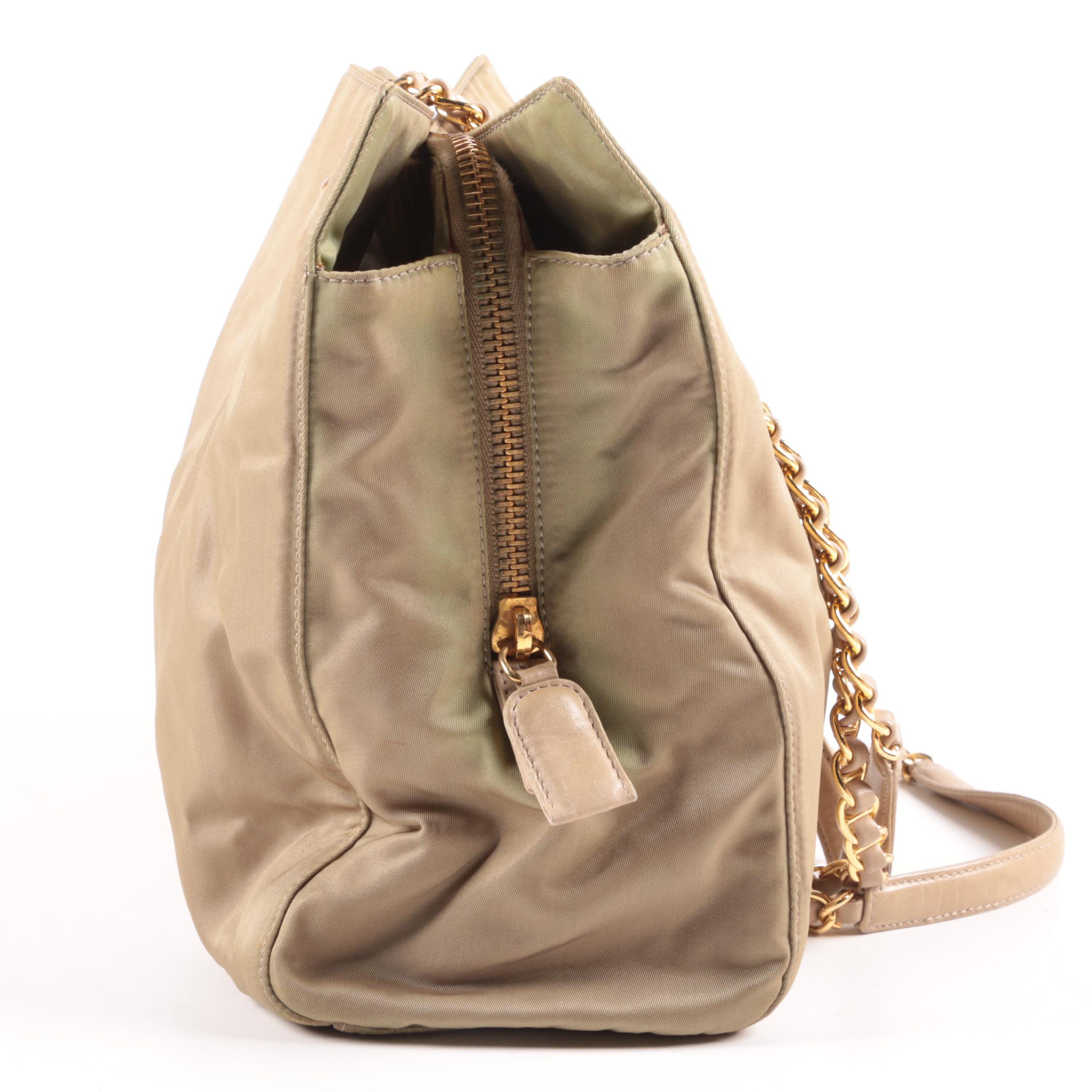 Prada Chain Link Shoulder Tote In Khaki Green Nylon and Leather