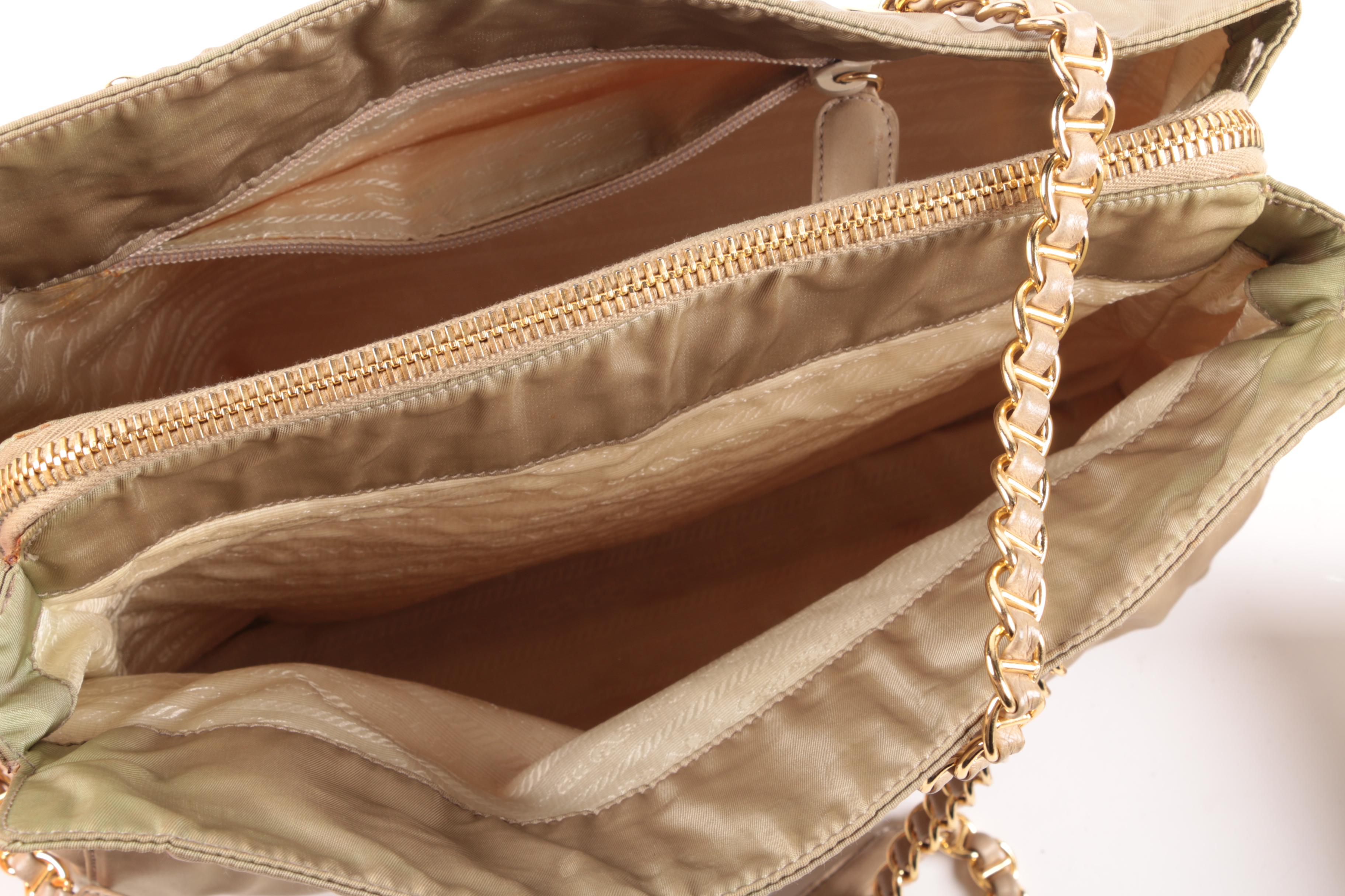 Prada Chain Link Shoulder Tote In Khaki Green Nylon and Leather