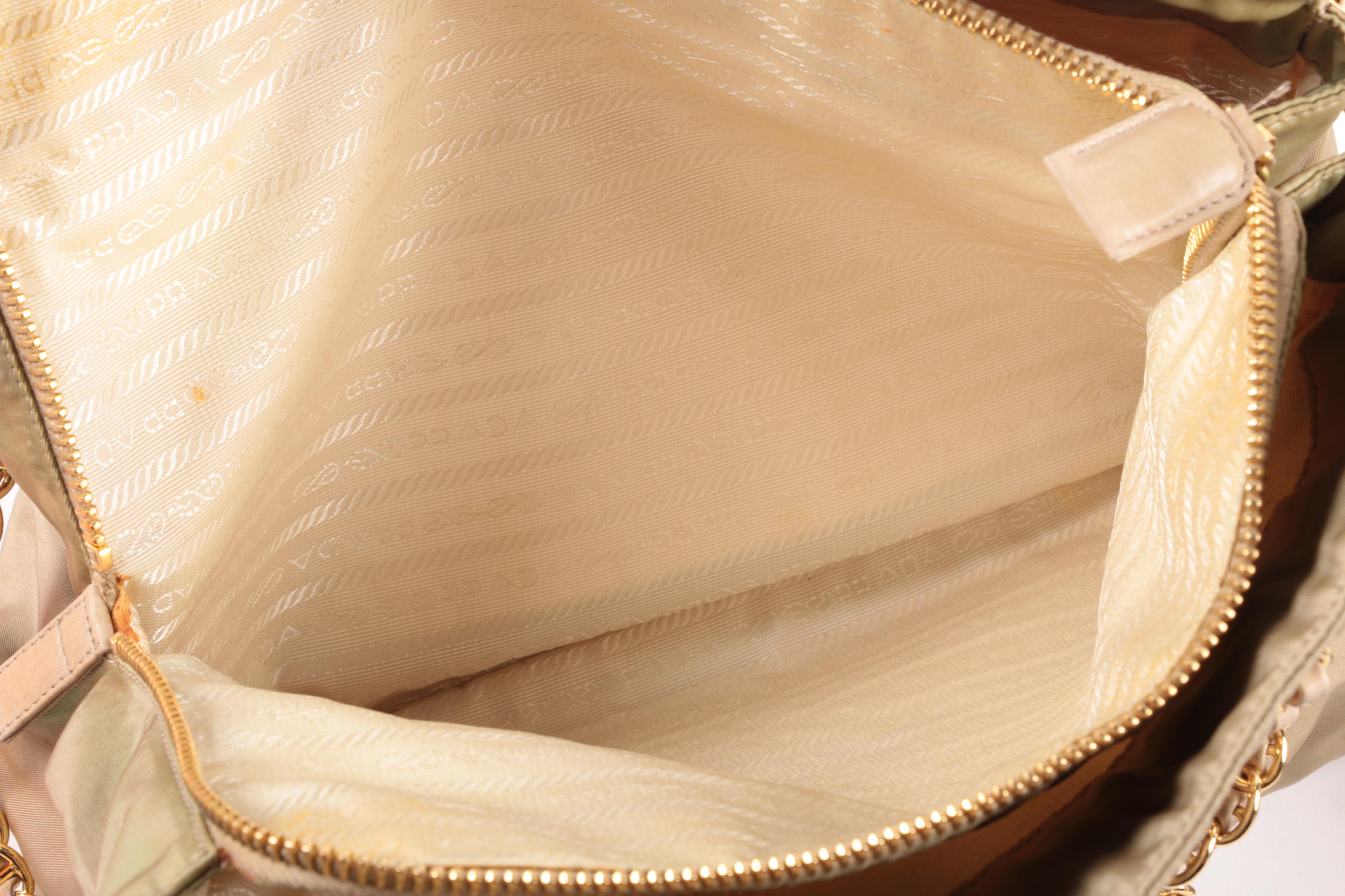 Prada Chain Link Shoulder Tote In Khaki Green Nylon and Leather